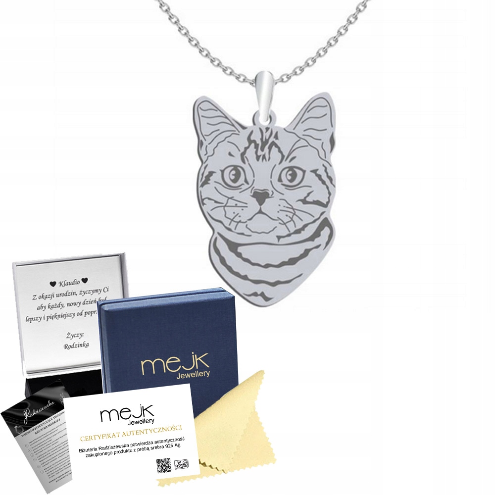 Stříbrný náhrdelník Kočka Americká krátkosrstá 925 Řetízek Gravírování Gravírování