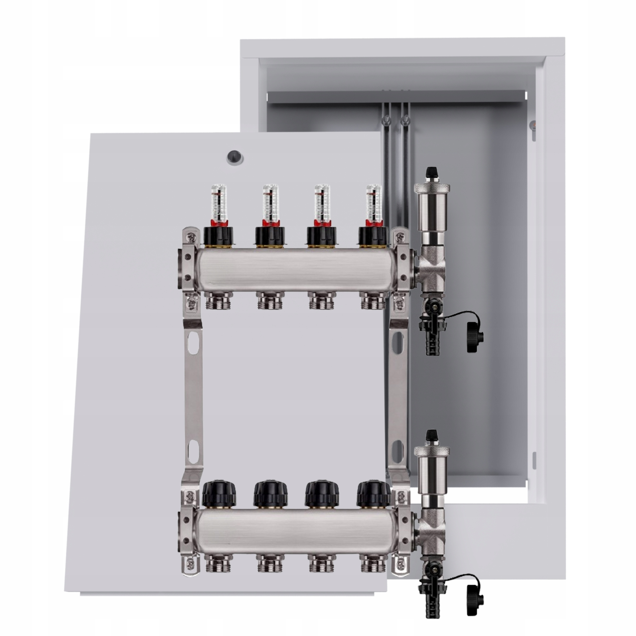 Nerezový rozdělovač pro podlahovku 4 okruhy s nástěnnou schránkou