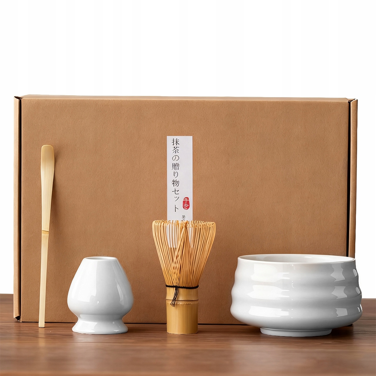 Levně Bambusová Dárková Sada Čaje Matchy Chashaku Šlehací Metla Lžíce Bílá