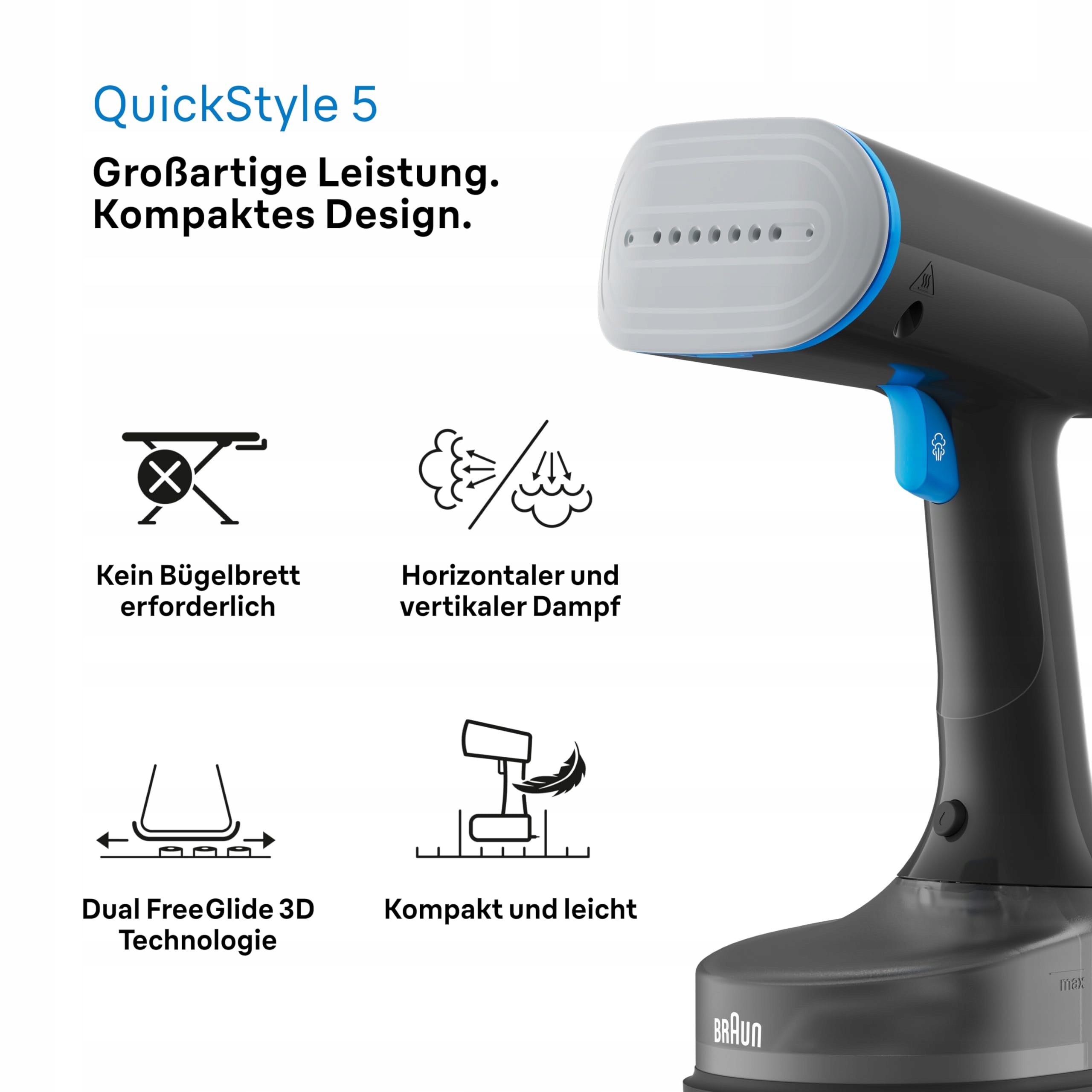 BRAUN QuickStyle 5 GS5031BL Steamer 1200W 25g/min 150ml 45s CzarnoNiebieski — miniatura 3