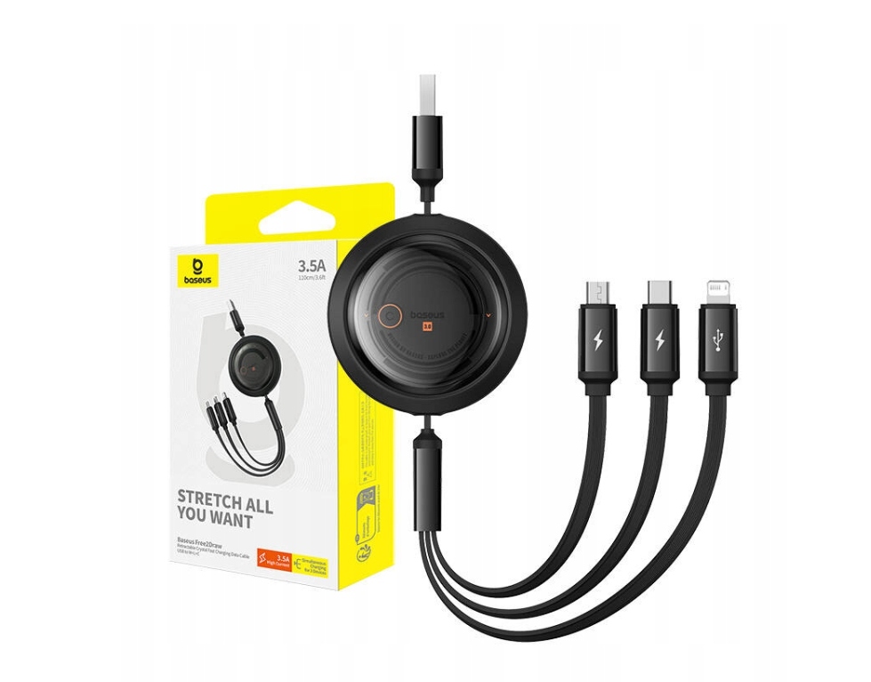 Kabel BASEUS Free2Draw USB-A-microUSB/Lightning/USB-C 1.1m (czarny)