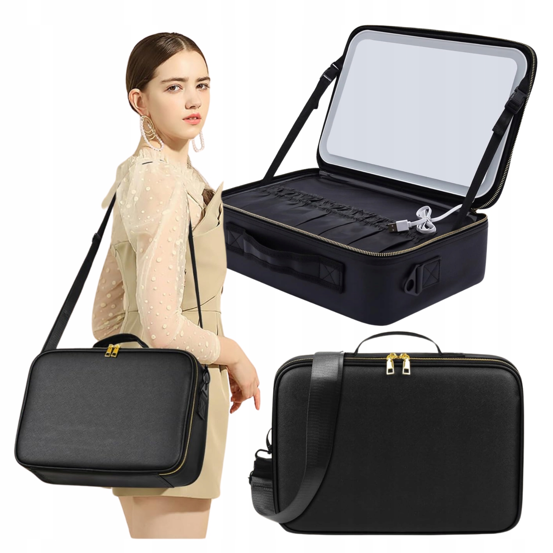 Kufřík s Led podsvícením zrcátka na kosmetiku, kosmetická taška, velká, velikost XL