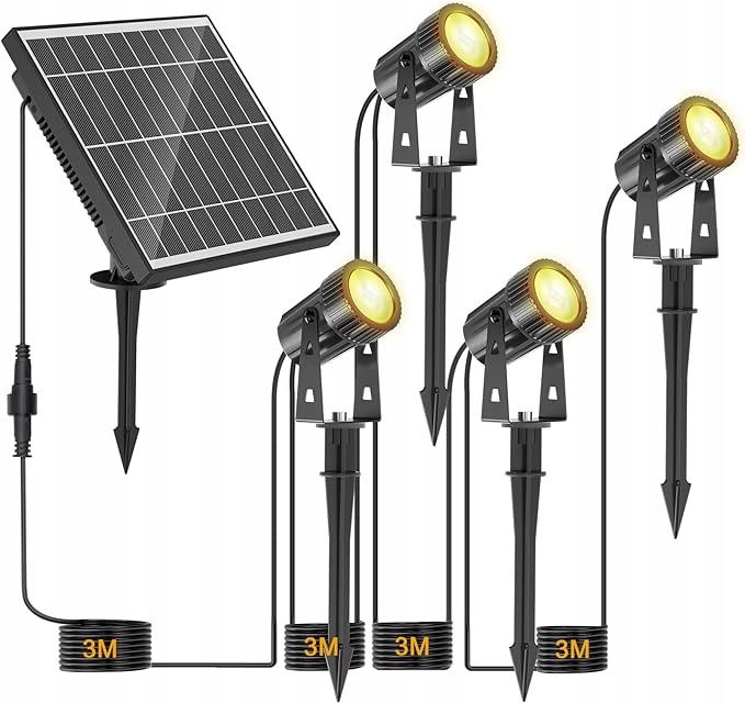 Lampki solarne, reflektory zewnętrzne wbijane elewacyjne 4 szt ciepła biel
