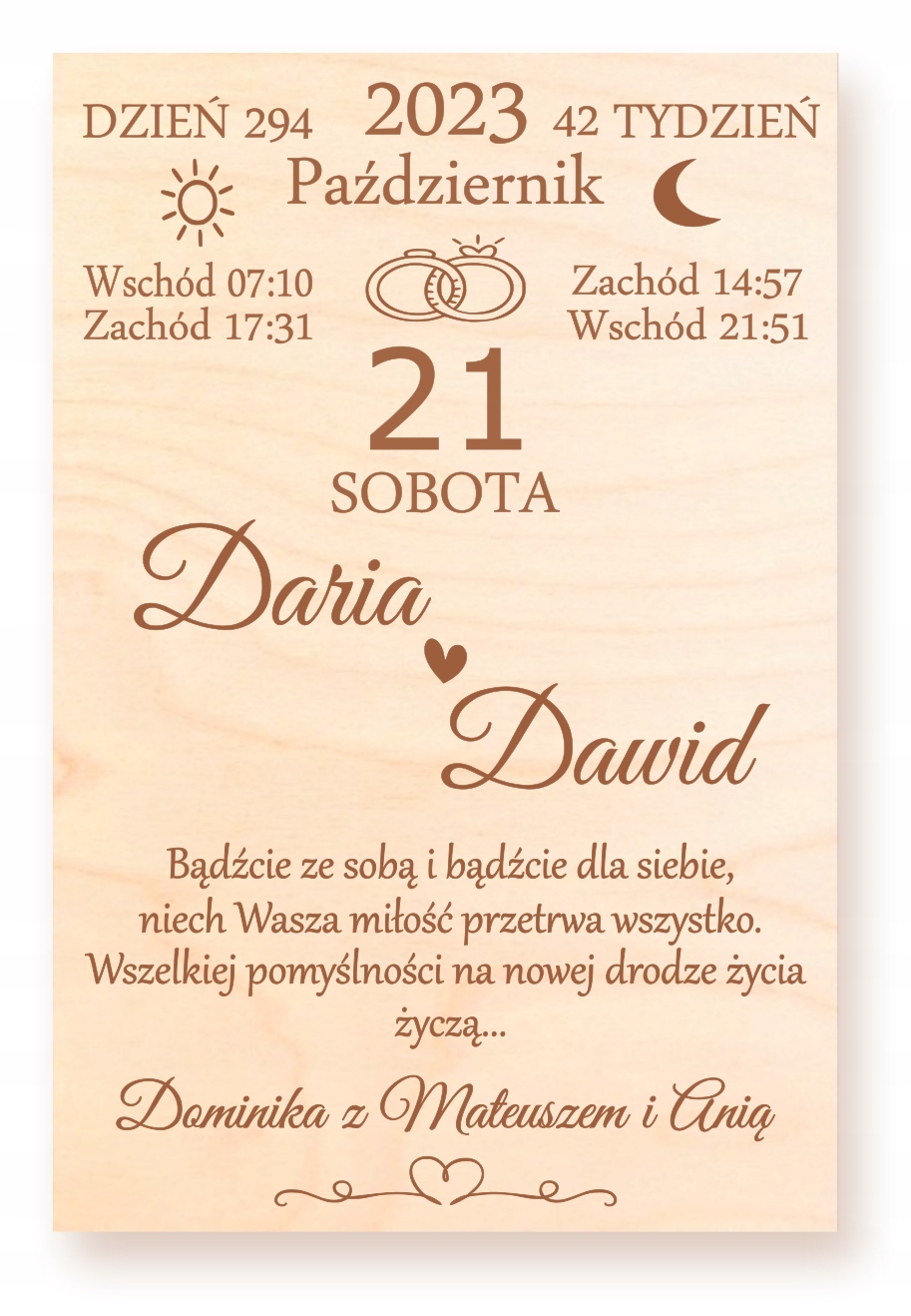 ŚLUBNA KARTKA DREWNIANA PAMIĄTKA TABLICZKA NA WESELE ŚLUB DLA PARY MŁODEJ Marka inny