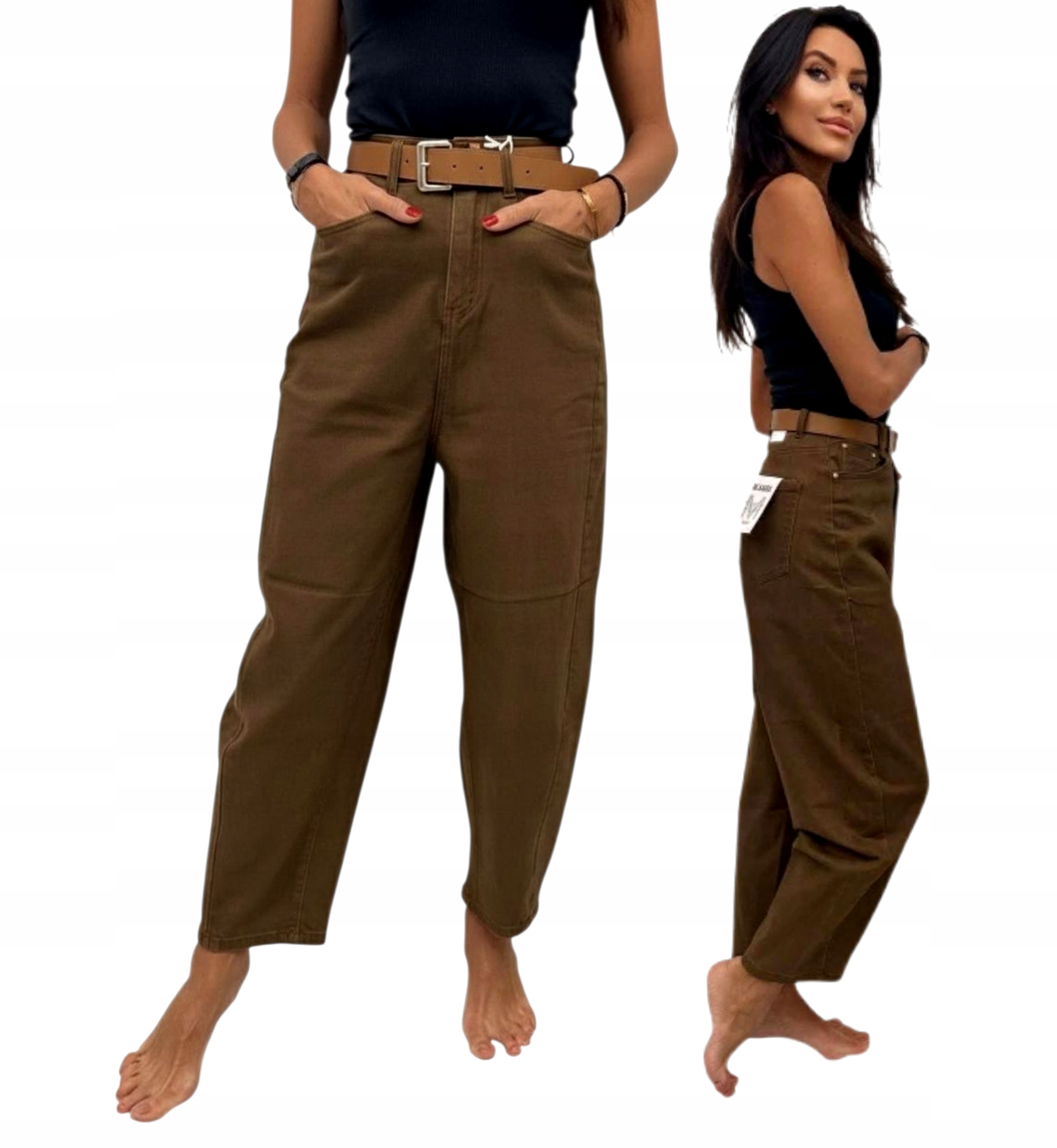 Módní Džínové Kalhoty S Páskem Typu Balloon Skinny vel. XL 42 Čokoládová