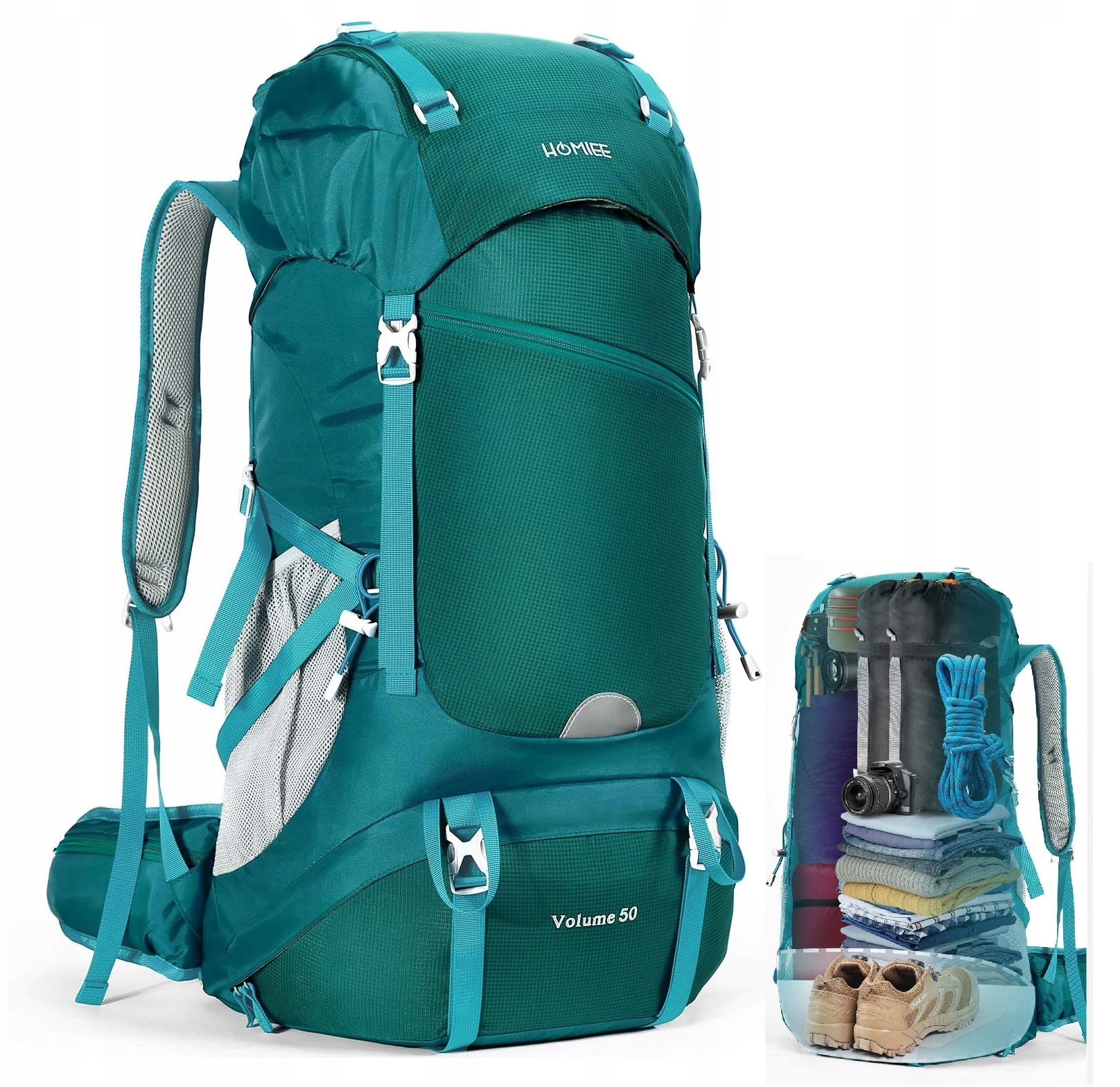 Plecak turystyczny Hommie Volume 50L zielony turkus z pokrowcem