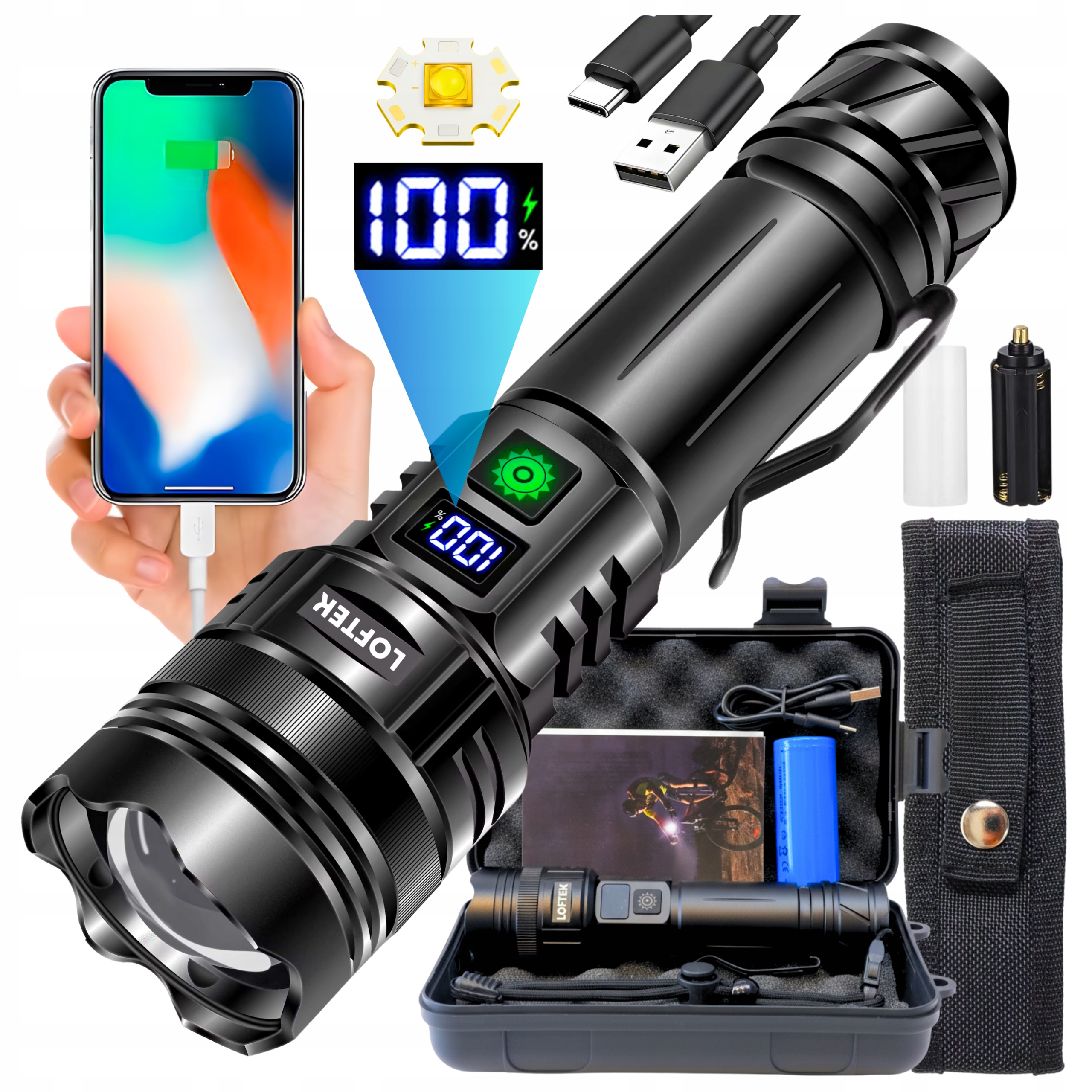 Vojenská Reflektor Extra Silná Led světlem pro přežití s Usb Zoom