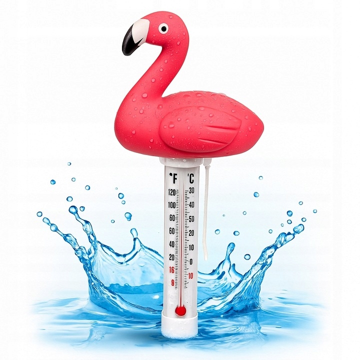 Plovoucí bazénový teploměr Plameňák s provázkem do vody pro vířivku a bazén