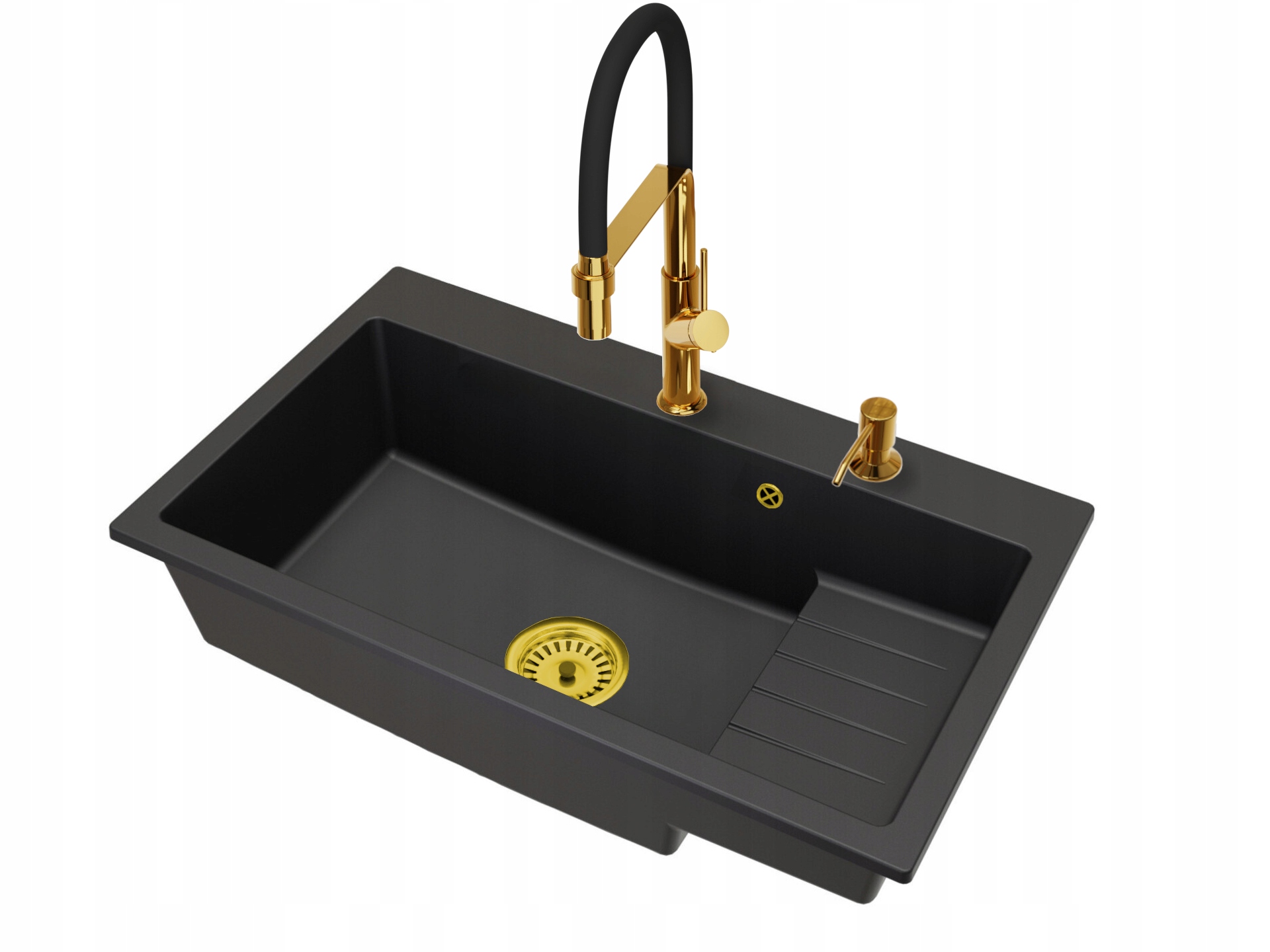 Kuchyňský dřez Jednokomorový Aron Sifon Baterie Venice Zlatá Dávkovač