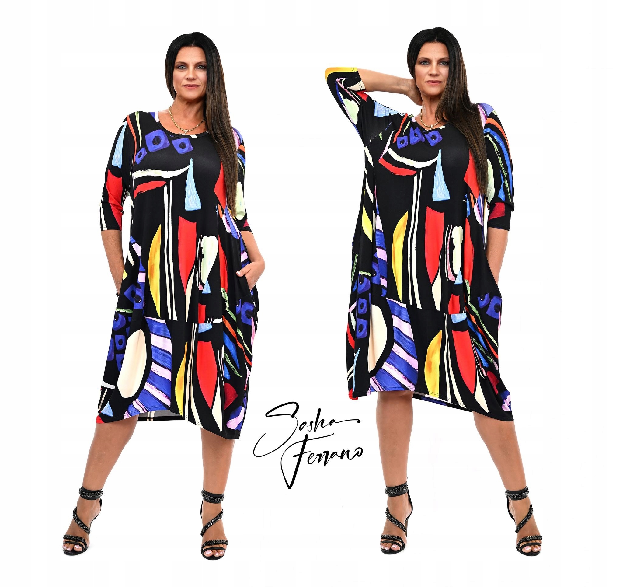 Sasha Ferrano sukienka bombka Sona 52/54 czarna Picasso Plus size wiskoza