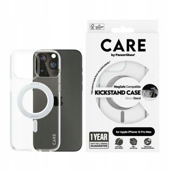 Care by PanzerGlass Kickstand Case pro iPhone 15 Pro Max 6,7" MagSafe stříbrný/s