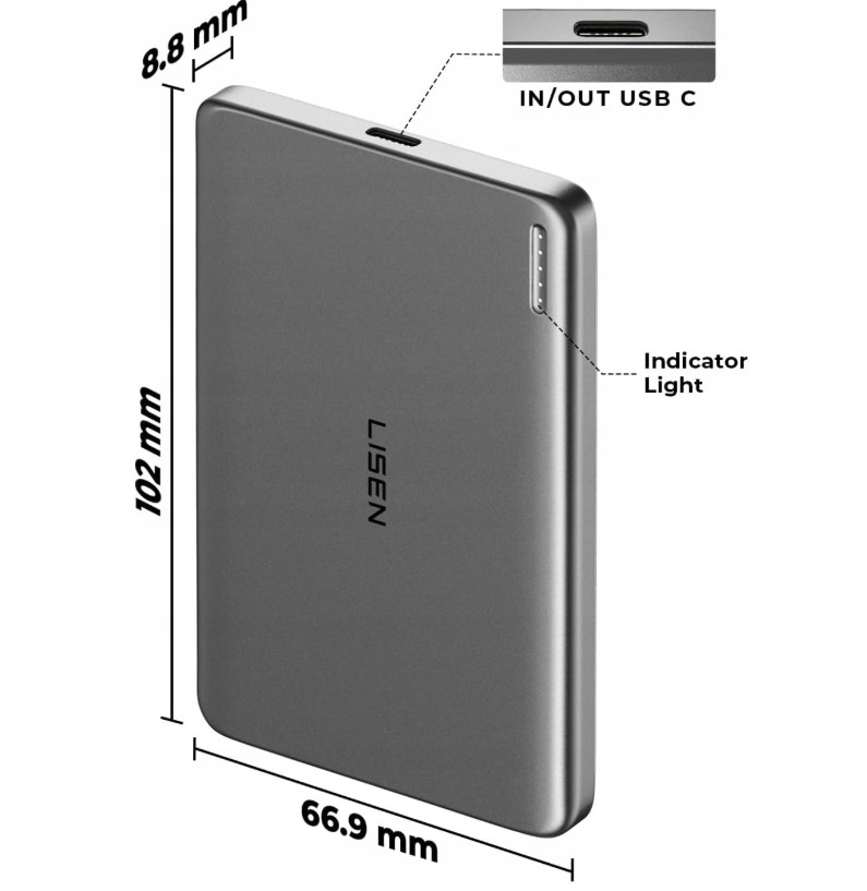 Magnetická Power Banka Lisen 5000 mAh stříbrná Ultratenká, přenosná