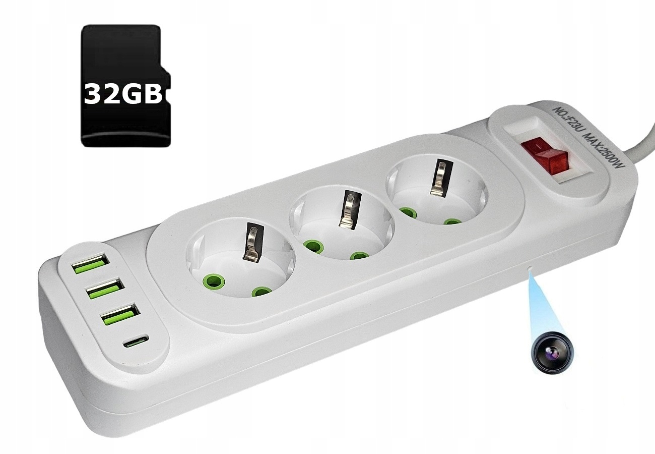 Skrytá Kamera Prodlužovací Zásuvková Lišta 3 Zásuvky Paměť 32GB Wifi