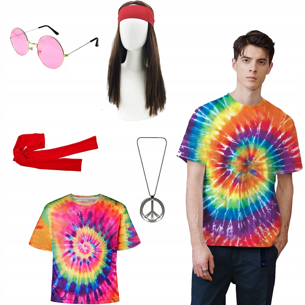 STRÓJ KOSTIUM HIPISA AKCEOSRIA KOMPLET LATA 70 RETRO VINTAGE HALLOWEEN