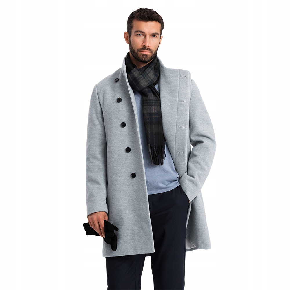 Pánský kabát s vysokým límcem šedý melír V1 OM-COWC-0120 S
