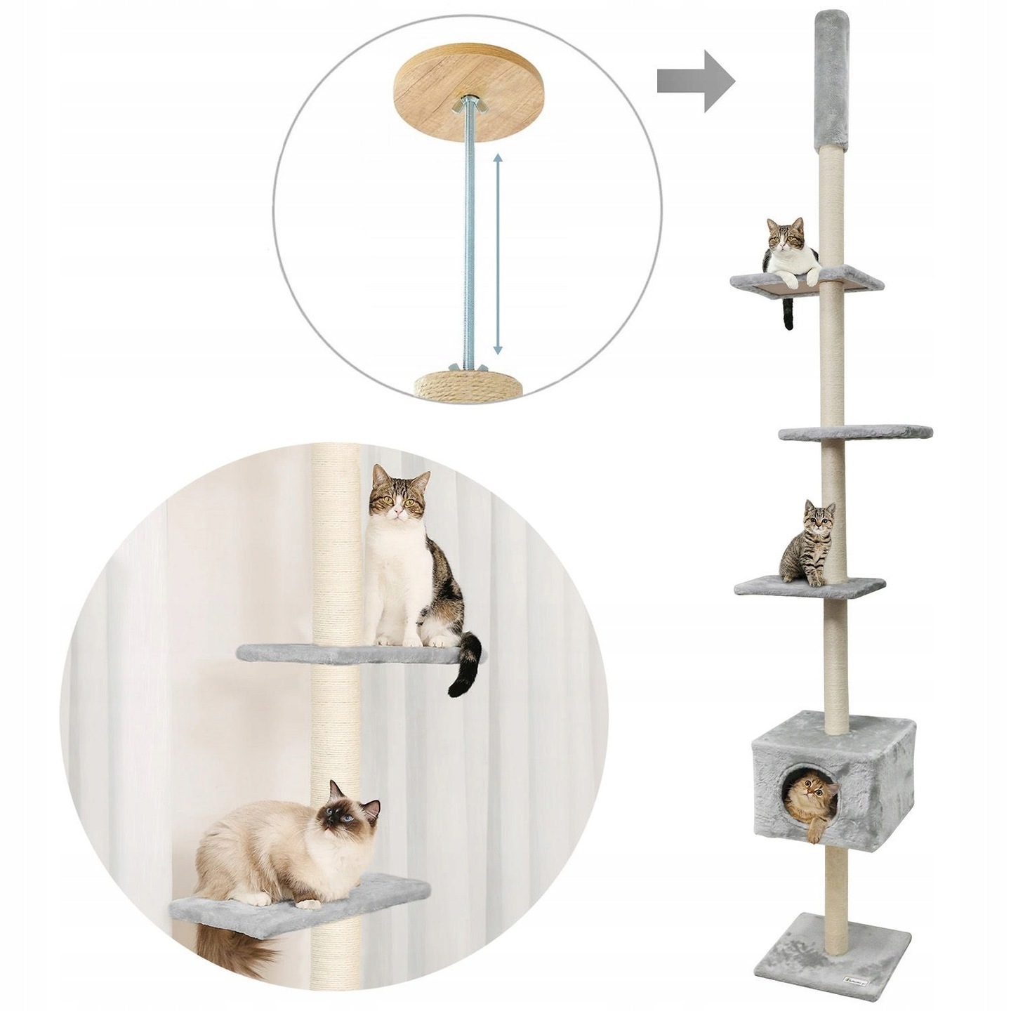 Levně Škrabadlo pro kočky Velké Vysoké 265 cm Regulovatelná stropní budka Jutový Provázek