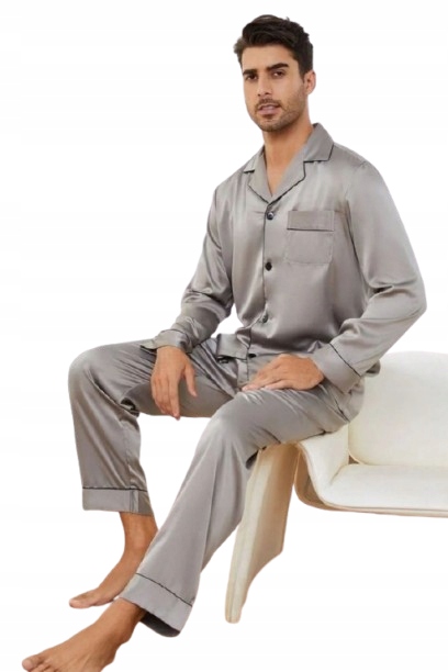 Pánské Šedé Pyžamo Příjemné Na Dotek, Satén Rozepínací, Saténová Pyžamo