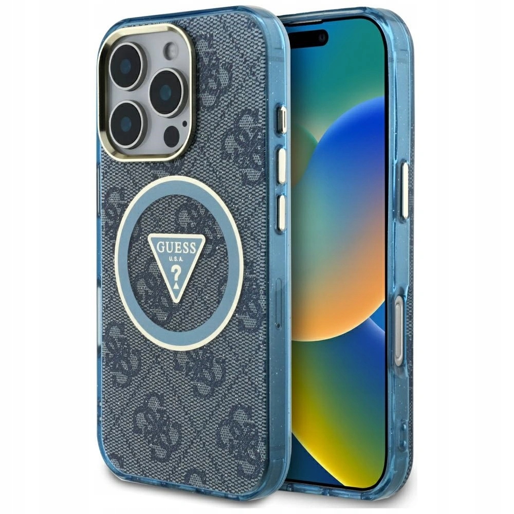 Pouzdro Guess Metal 4G Circle Triangle MagSafe pro iPhone 16 Pro, modré