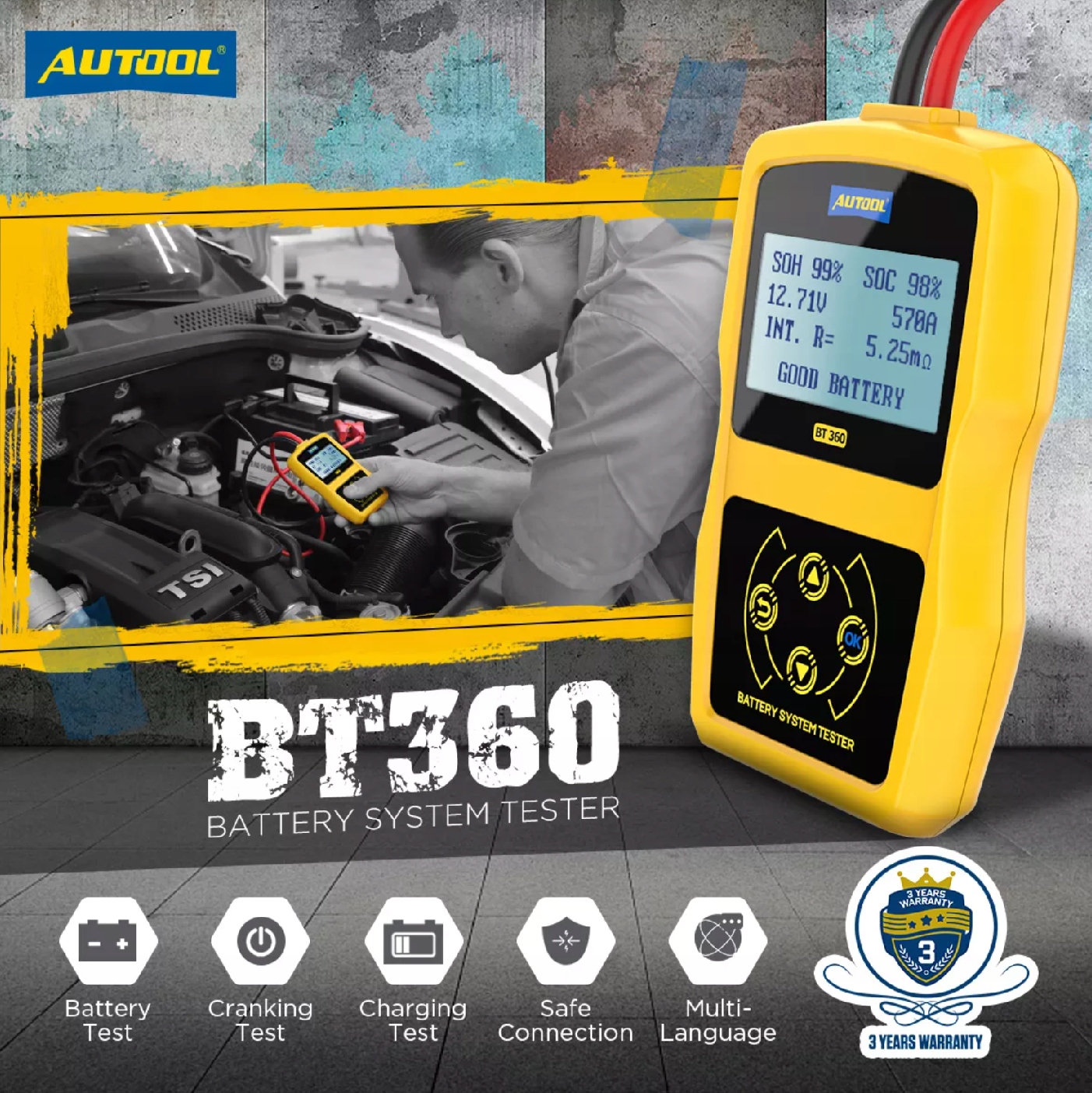 TESTER AKUMULATOROW AUTOOL BT360+futerał JEZYK PL INSTRUKCJA PL + DLUGOPIS Marka AutoXscan