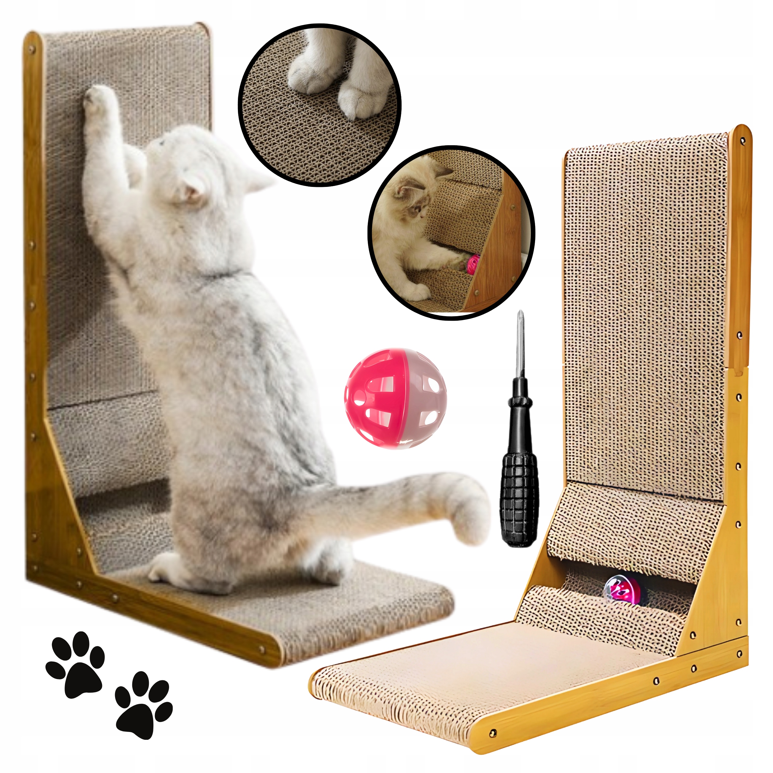 Levně Škrabadlo pro kočky Rohové 2v1 s míčem Tunel Hračka 60 cm Odolná podložka