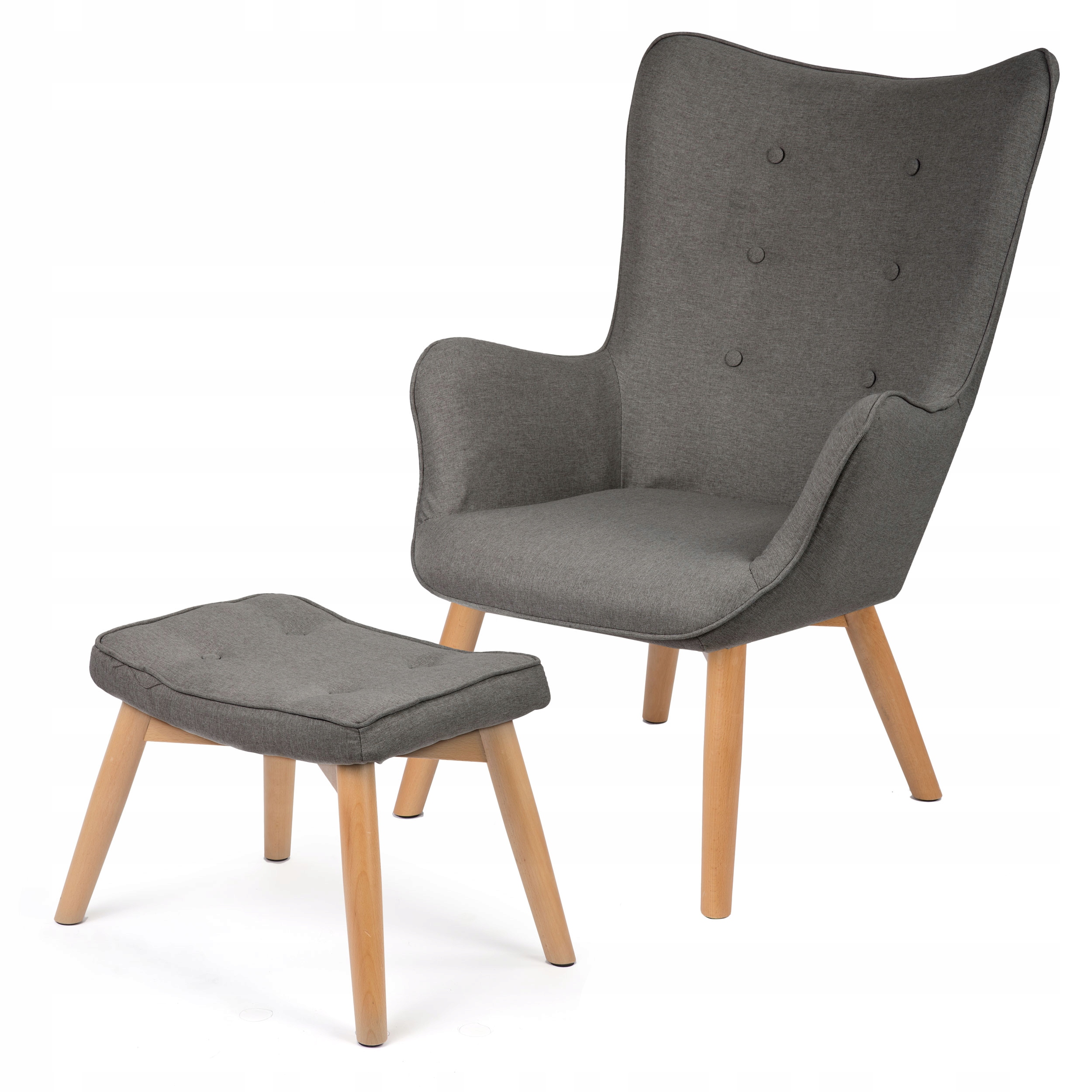 Fotel USZAK SZARY styl skandynawski + podnóżek poduszka Głębokość mebla 77 cm