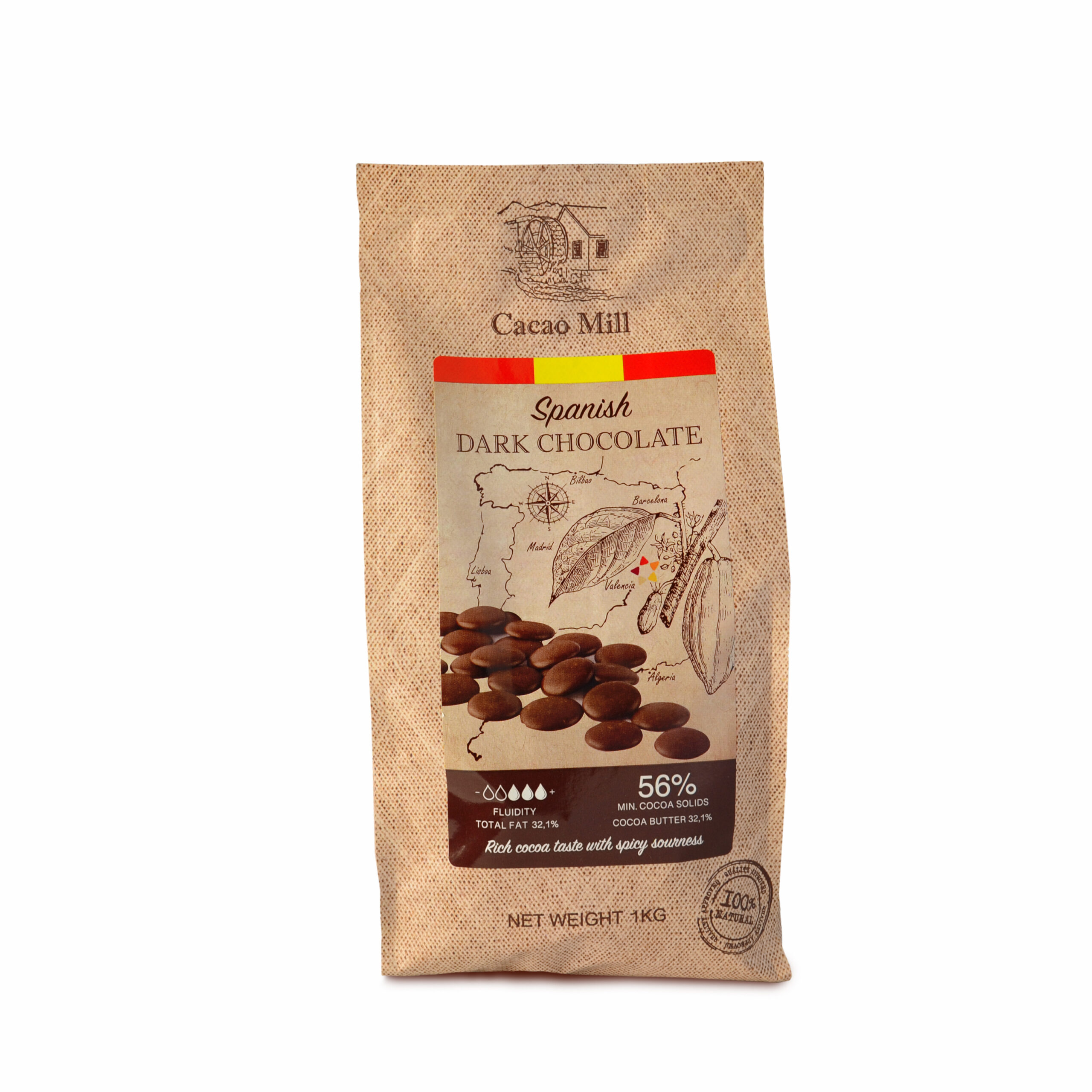 Levně Španělská hořká Čokoláda 56% Cacao Mill 1 kg