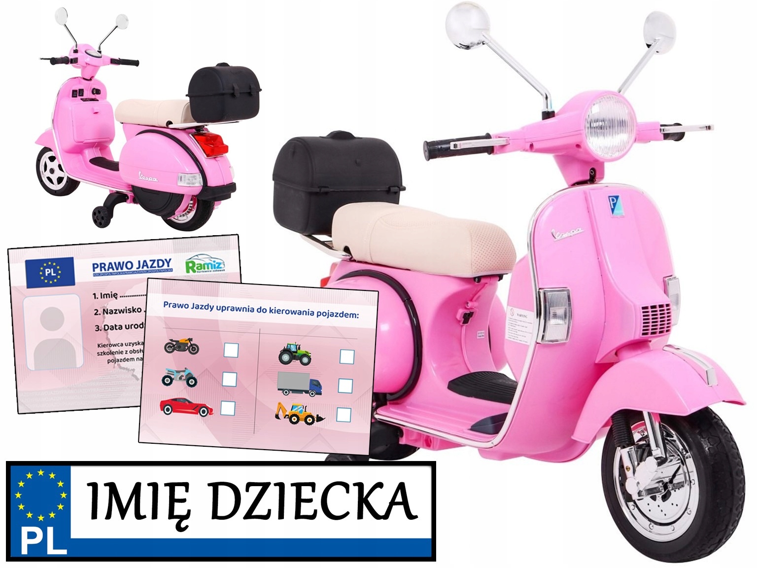 motorek dla dzieci Skuter Vespa piankowe koła dodatkowe kółka Prawo Jazdy