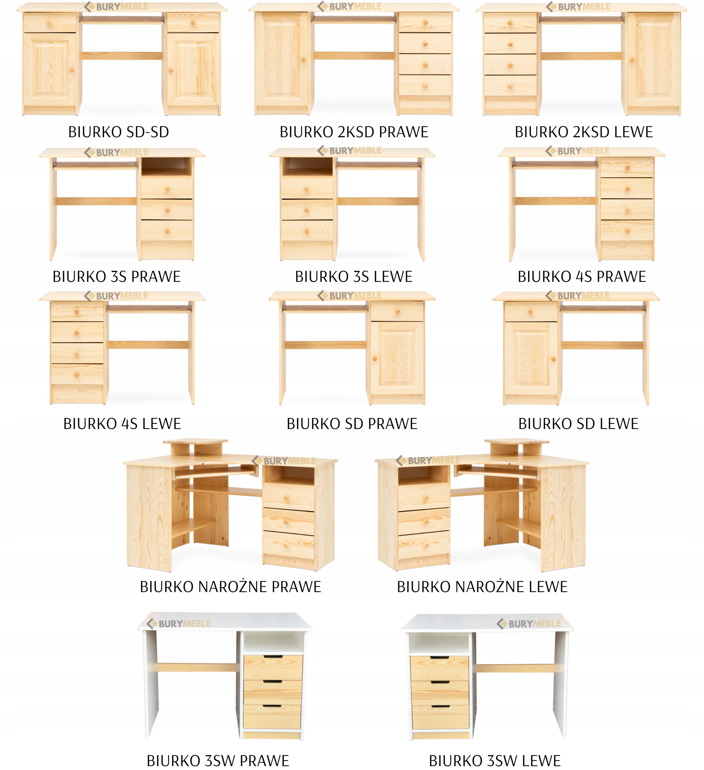 Biurko 2KSD z Litego Drewna Sosnowego STAN SUROWY Wykończenie matowe