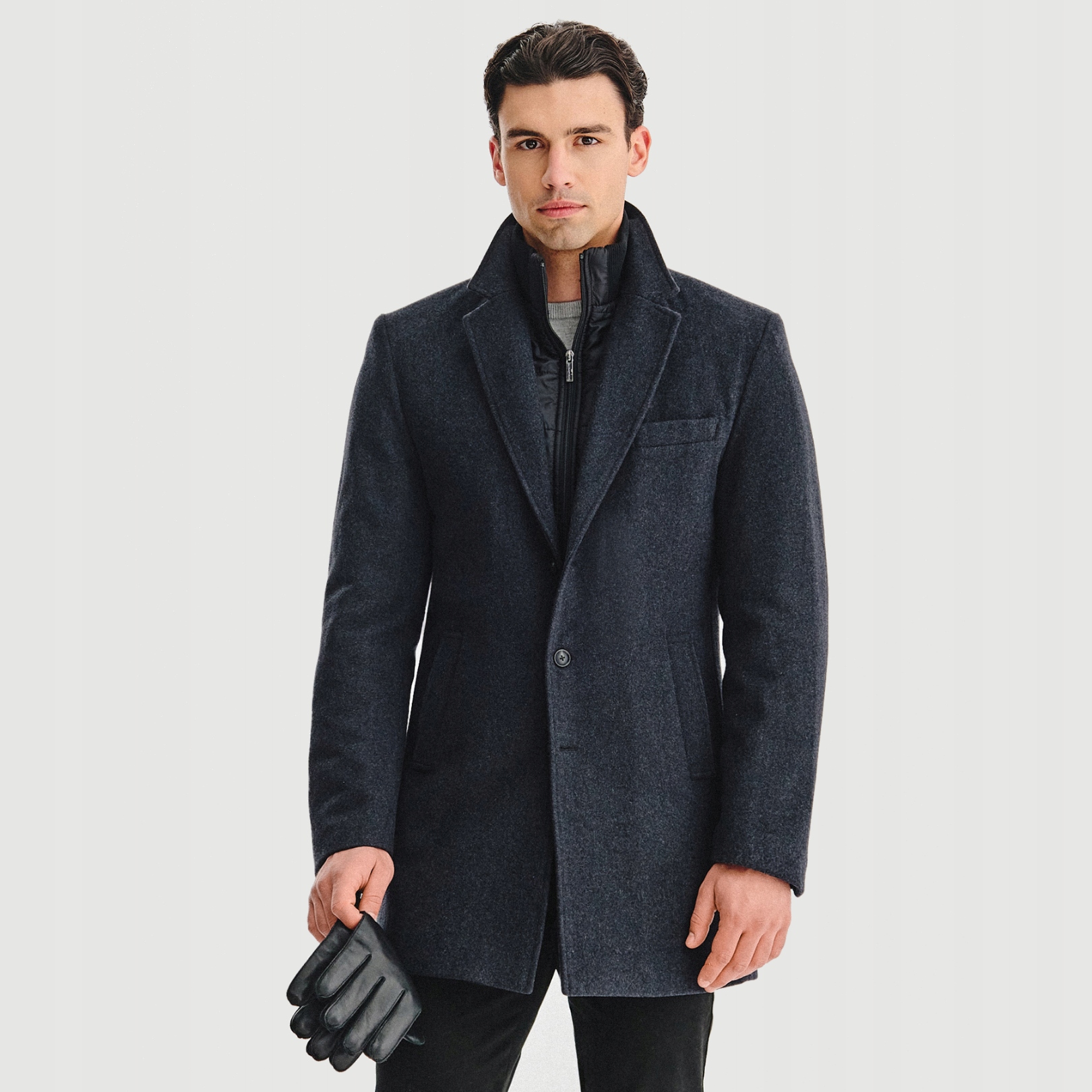 Vlněný kabát Pako Lorente v grafitové barvě s odnímatelným límcem, vel 60