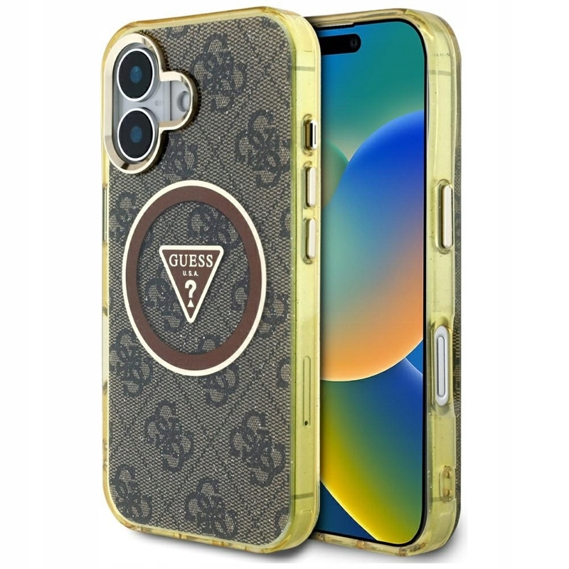 Guess IML Metal Glitter 4G Circle Triangle MagSafe Pouzdro pro iPhone 16, hnědé