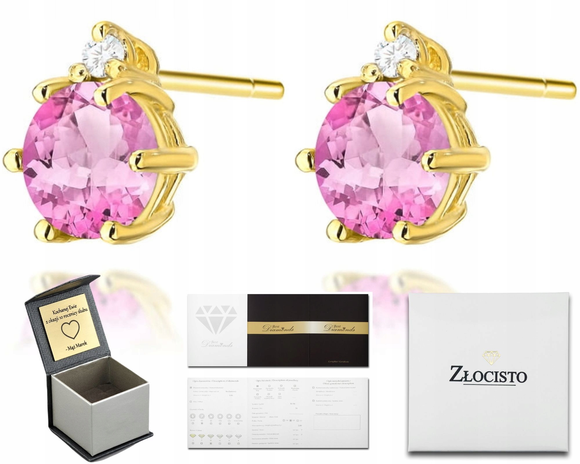 Jako Dárek Růžový Topaz Přírodní Kámen Náušnice Diamanty Brilianty 585