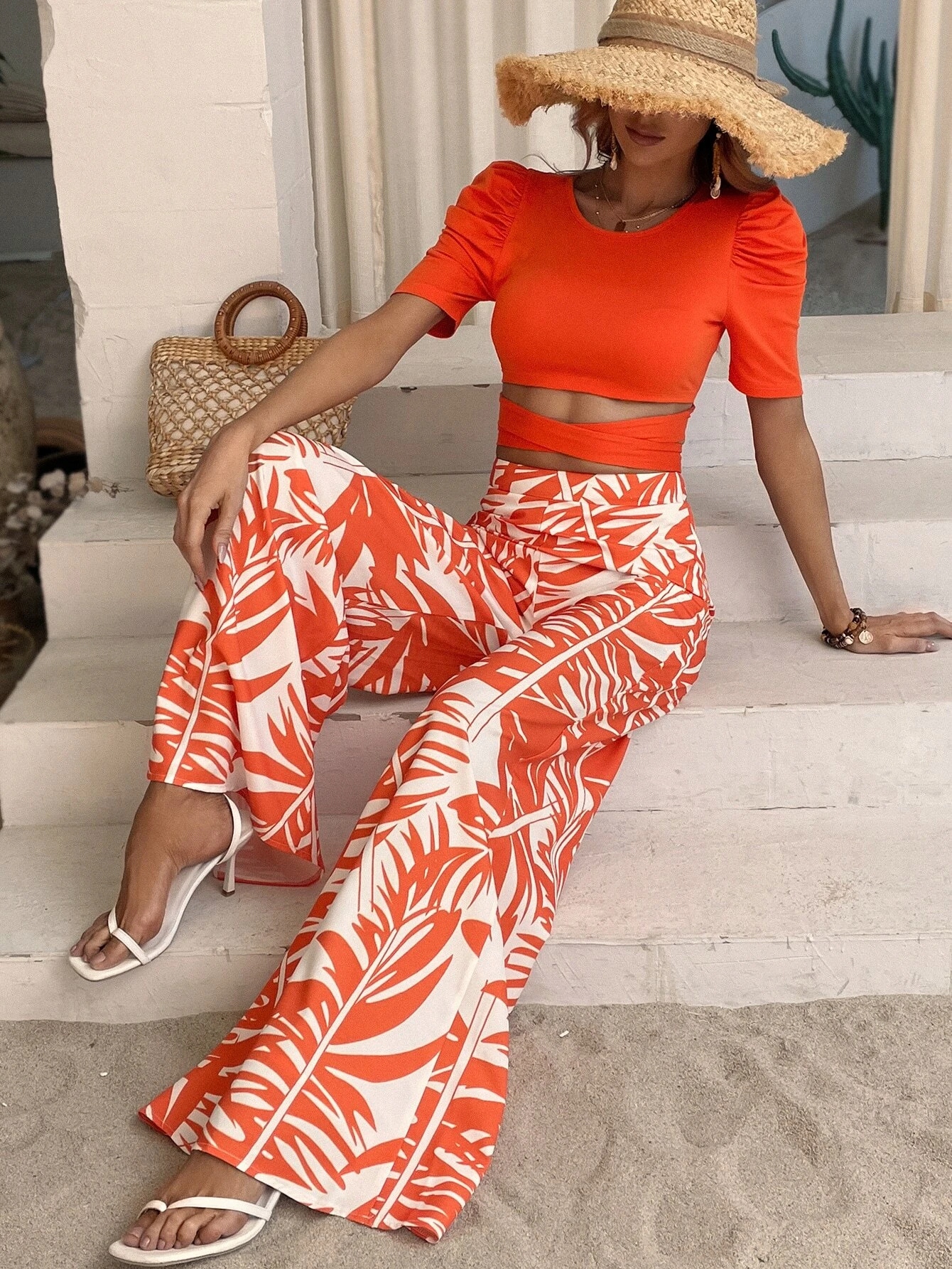 SHEIN KOMPLET DAMSKI BLUZKA I SPODNIE BOHO 34 1V5A Wzór dominujący roślinny