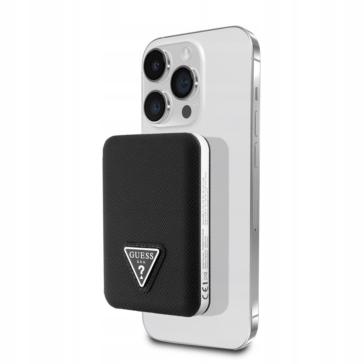 Indukční powerbanka Guess Grained Triangle 5000 mAh 15 W Usb-c MagSafe černá