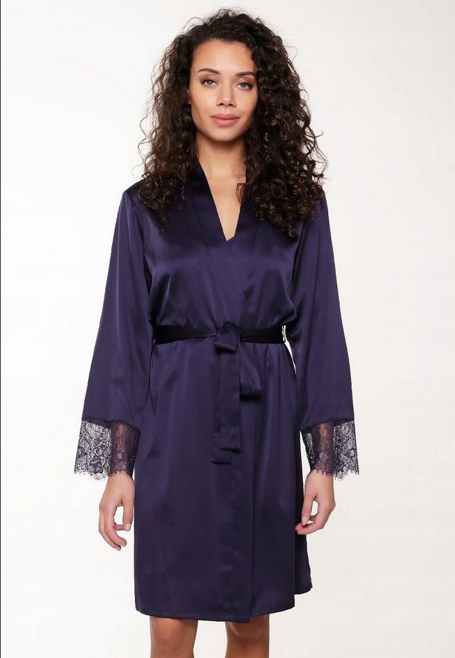 Lingadore Dámský Župan Modrý Ribbon Saténová Krajka Tmavě Modrá 40 L