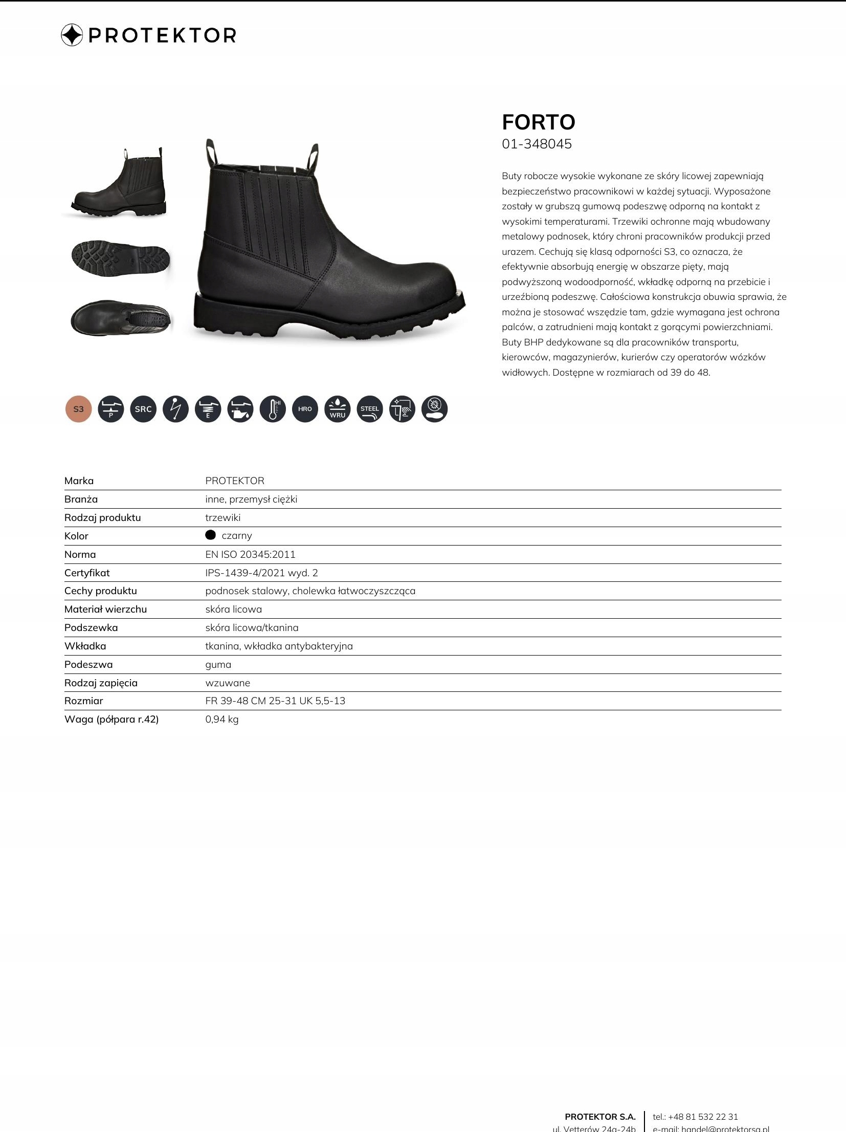 Buty robocze S3 sztyblety solidne PROTEKTOR r. 44 Kod producenta 01-348045