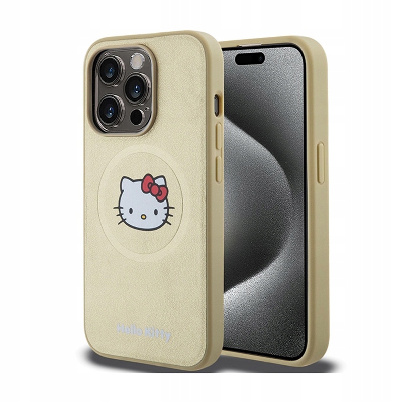 Hello Kitty Leather Kitty Head MagSafe – Pouzdro pro iPhone 15 Pro (zlaté)
