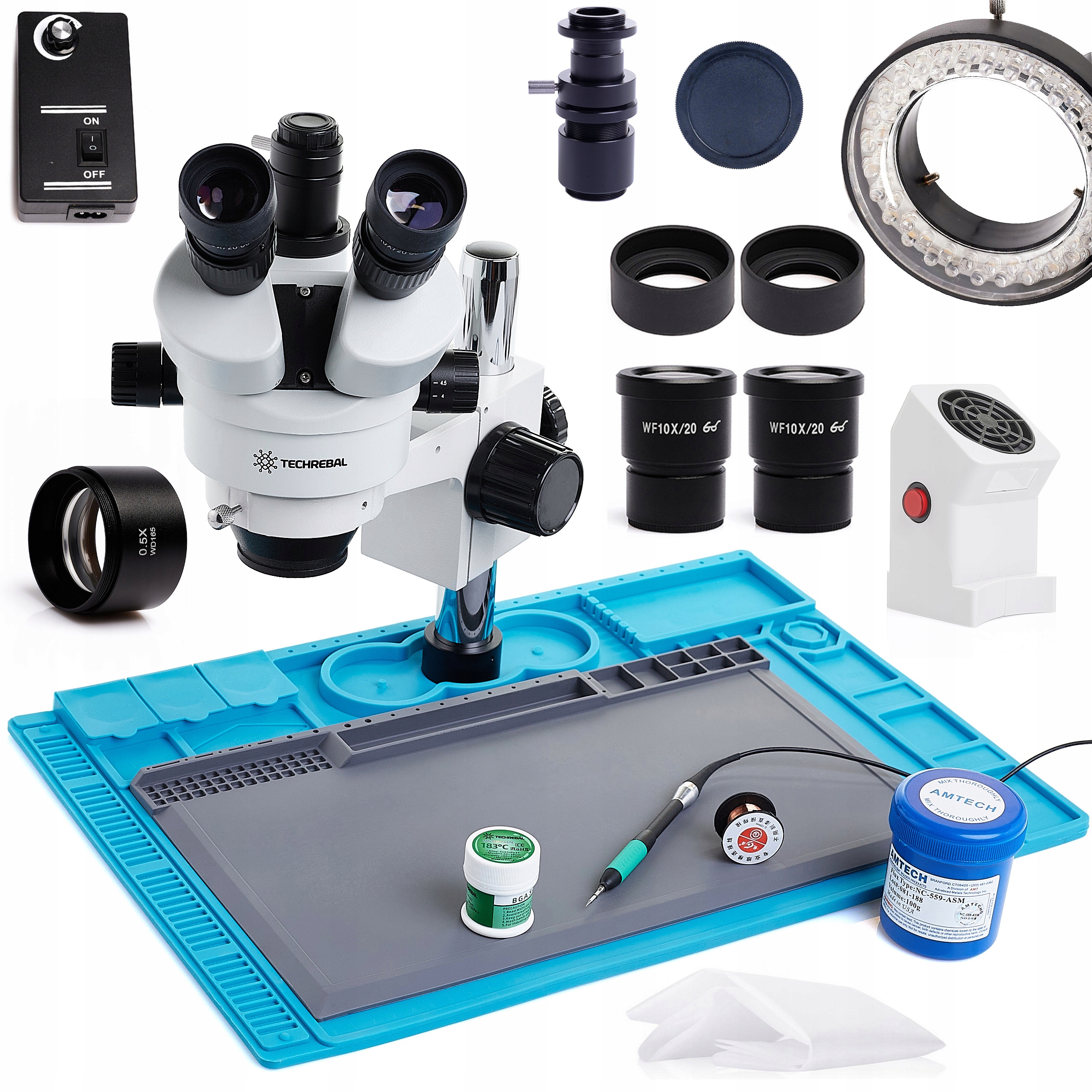Stereoskopický Mikroskop 10HT 7-45X Set 2X Podložka 56x Led Čočka 0,5
