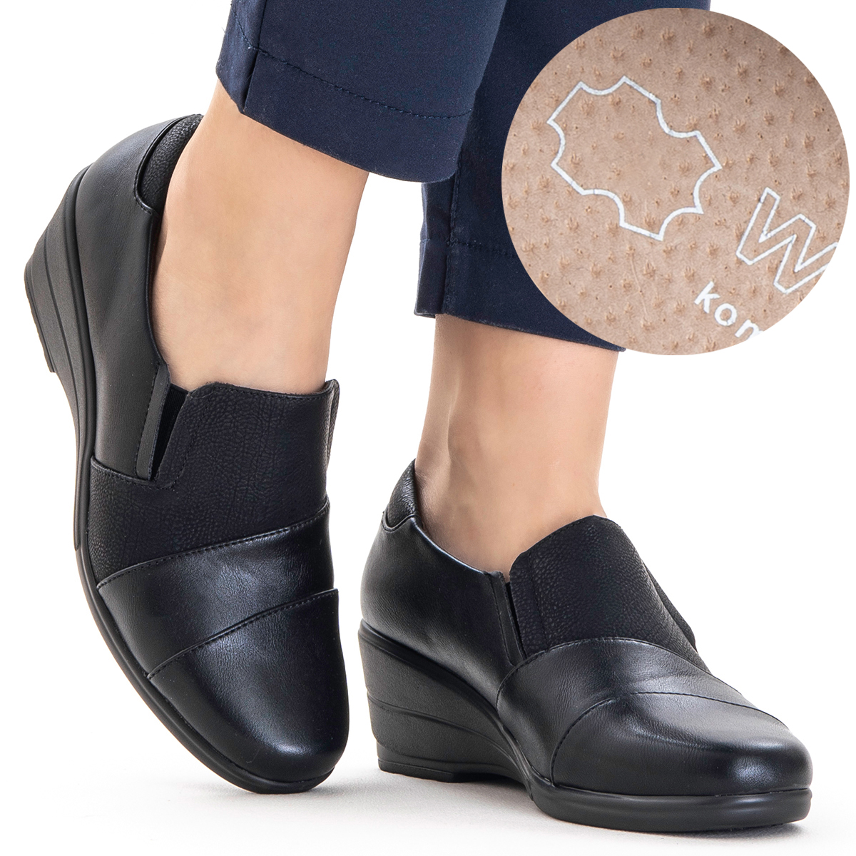 Polobotky na klínku, zasouvací, vkládací, Kůže, Širší, lehké, stabilní Wojtyłko 36