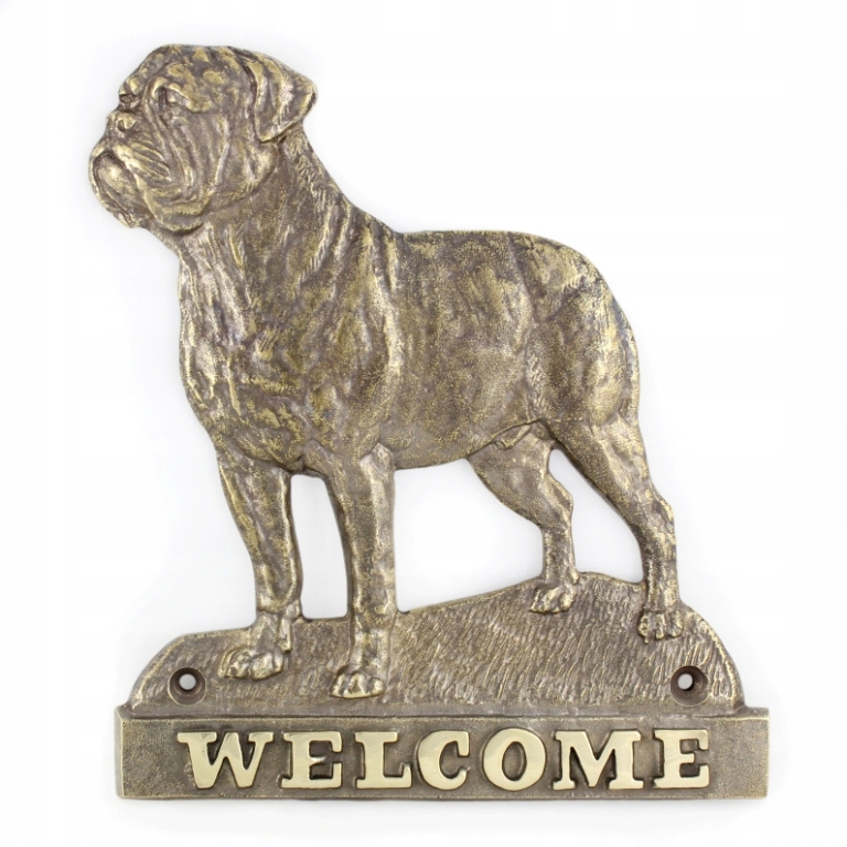 Bullmastiff mosadzná tabuľa na dvere so psom, štítok Welcome