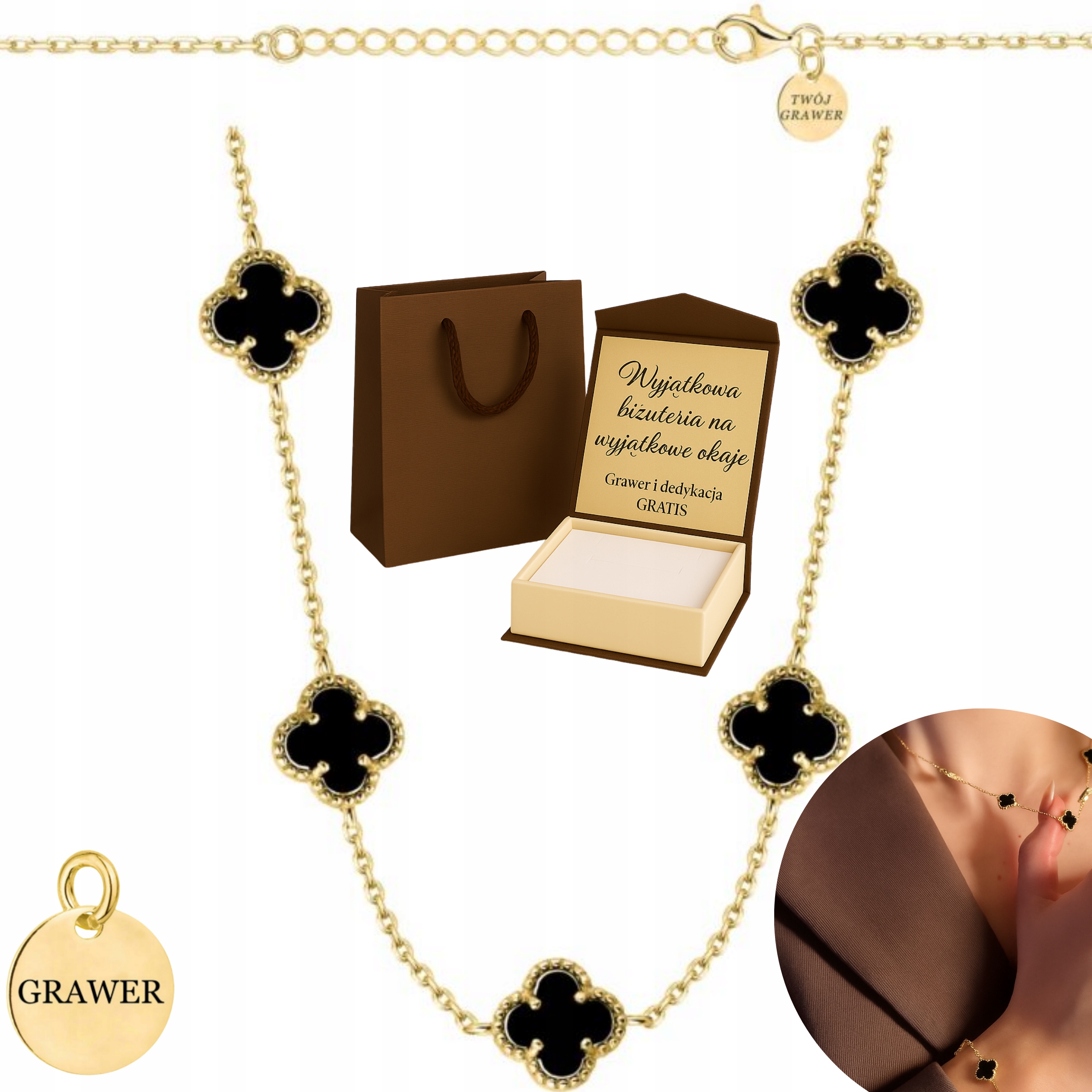 Dámský zlatý Řetízek Ankier s černými jeteli 925/585, Gravírování Bonus