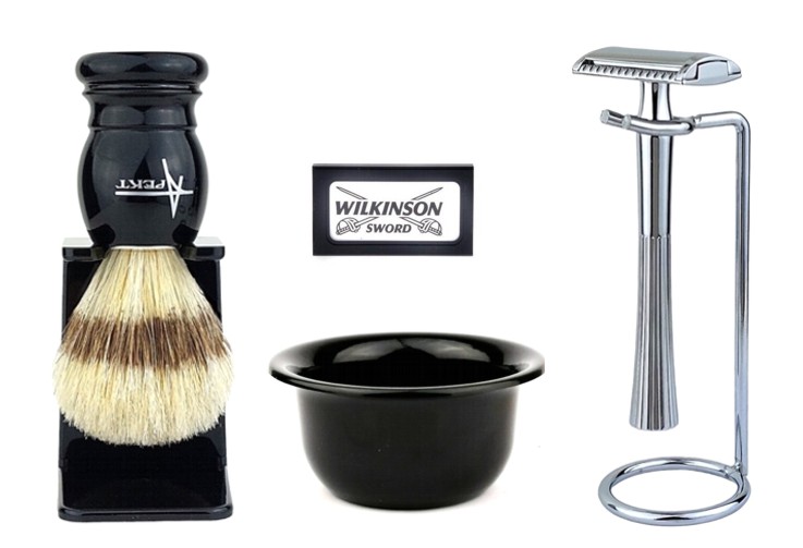 Štětec na holení na stojanu Strojek na žiletky Kelímek Sada na holení