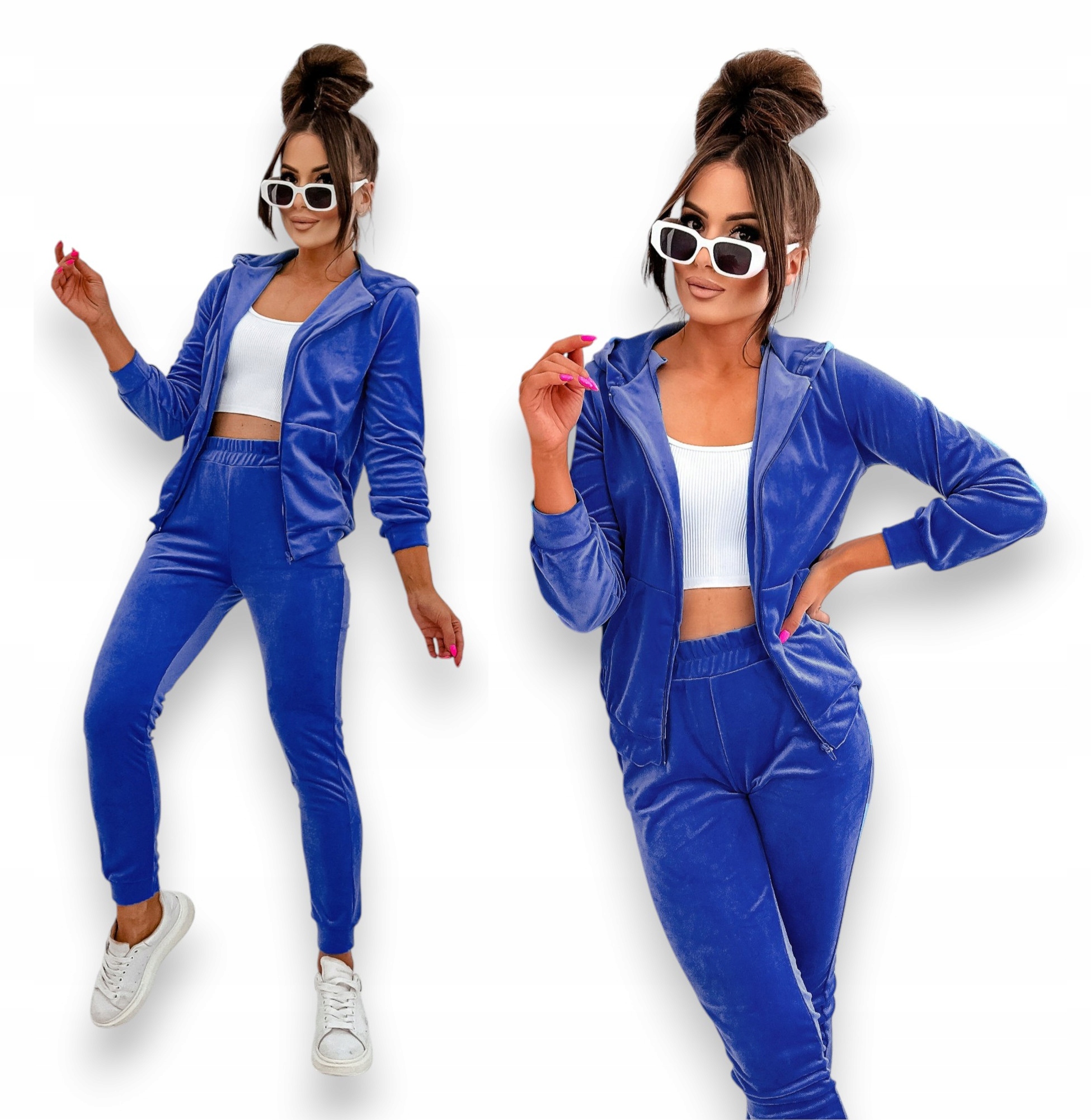 Dres Komplet Welurowy Damski Bluza Rozpinana Zamek Spodnie Chaber S