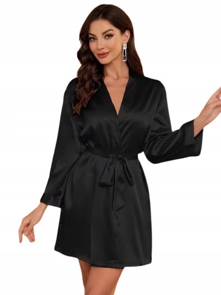 Krátký Černý Župan Příjemný Satén Sexy Saténový Župan