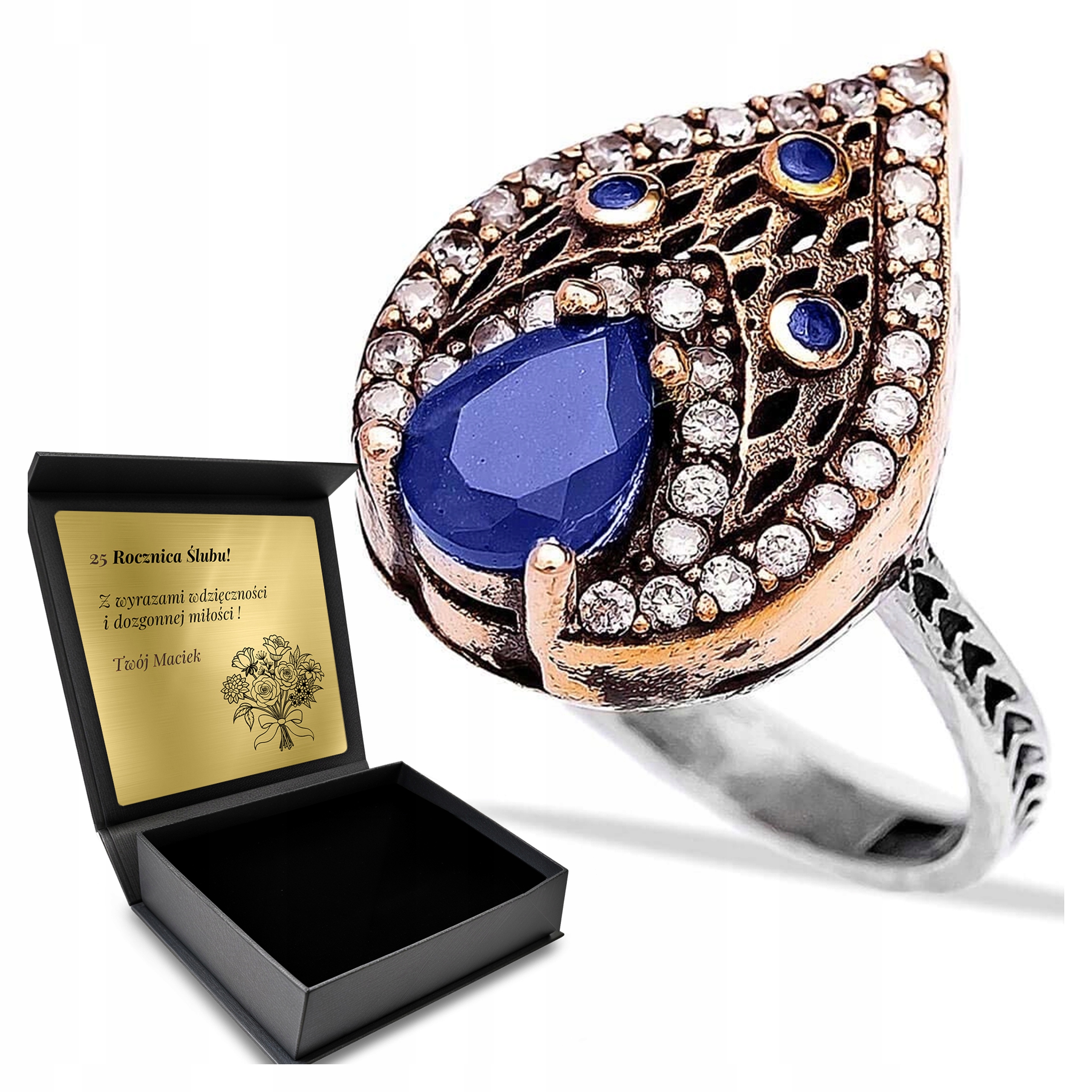 Prstýnek Šerbový 925 Zirkony Safírové Šperky Pro Ženy Gravírování