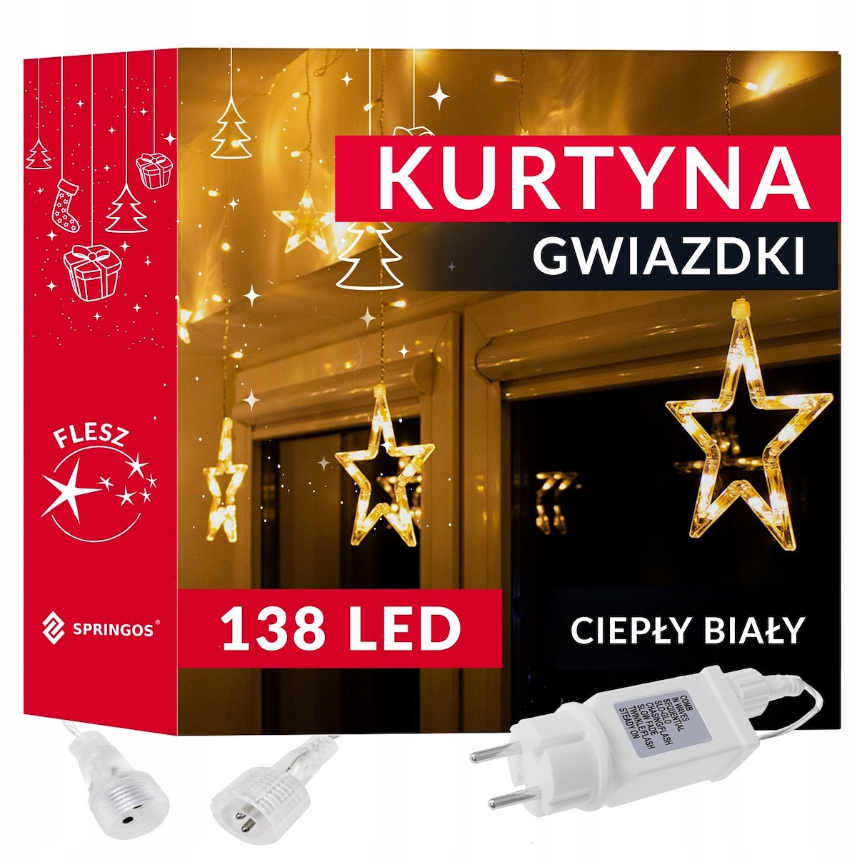 KURTYNA GWIAZDY KSIĘŻYCE LAMPKI 138LED WISZĄCE CIEPŁE BIAŁE