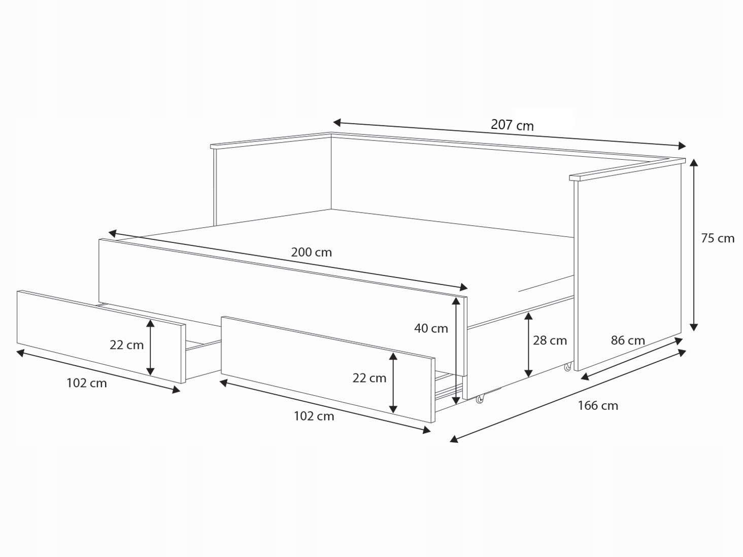 Łóżko młodzieżowe rozkładane HELIOS 80x200cm białe Szerokość mebla 86 cm