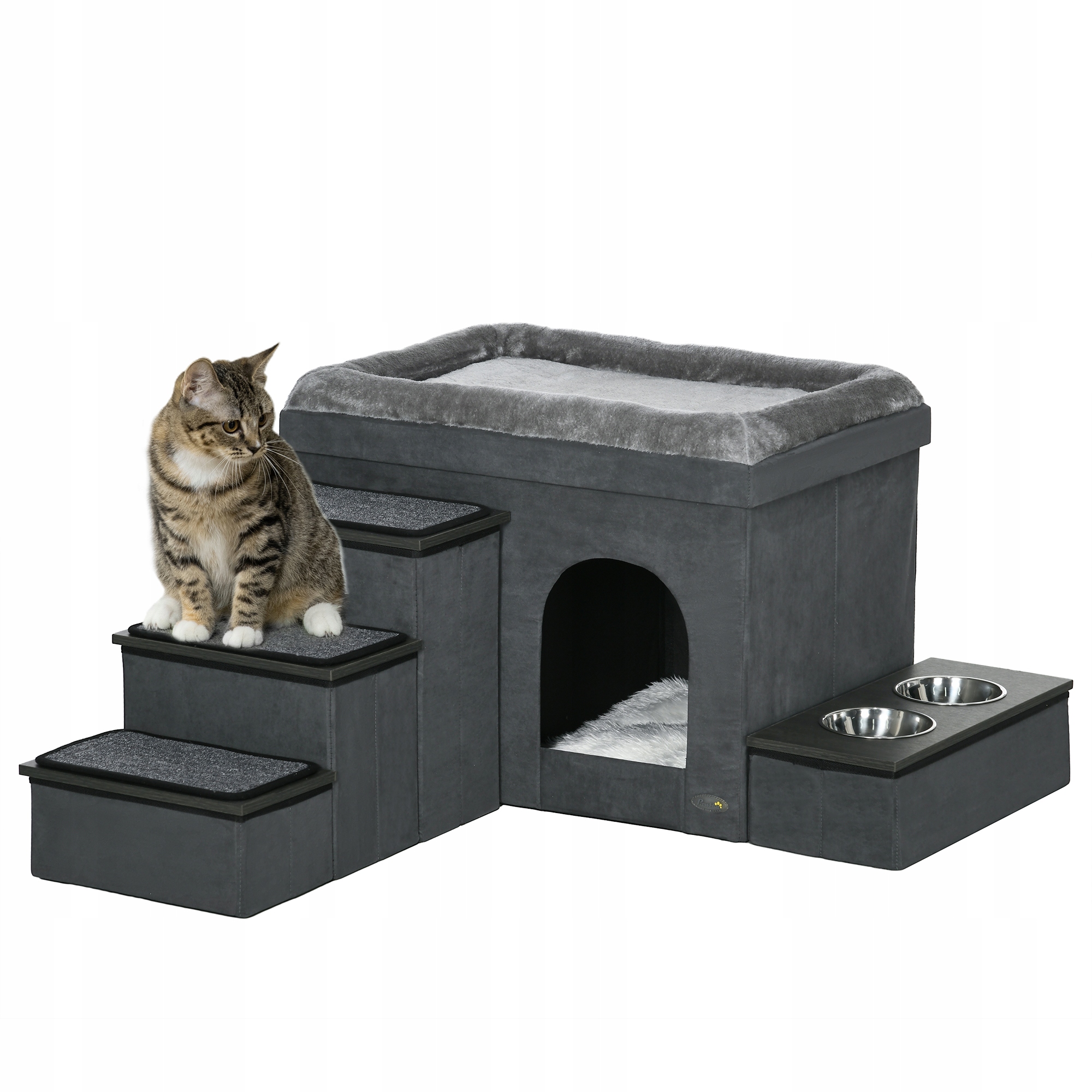 Levně Domeček pro kočky se 3 schody a 2 miskami 70x50x51 cm šedý