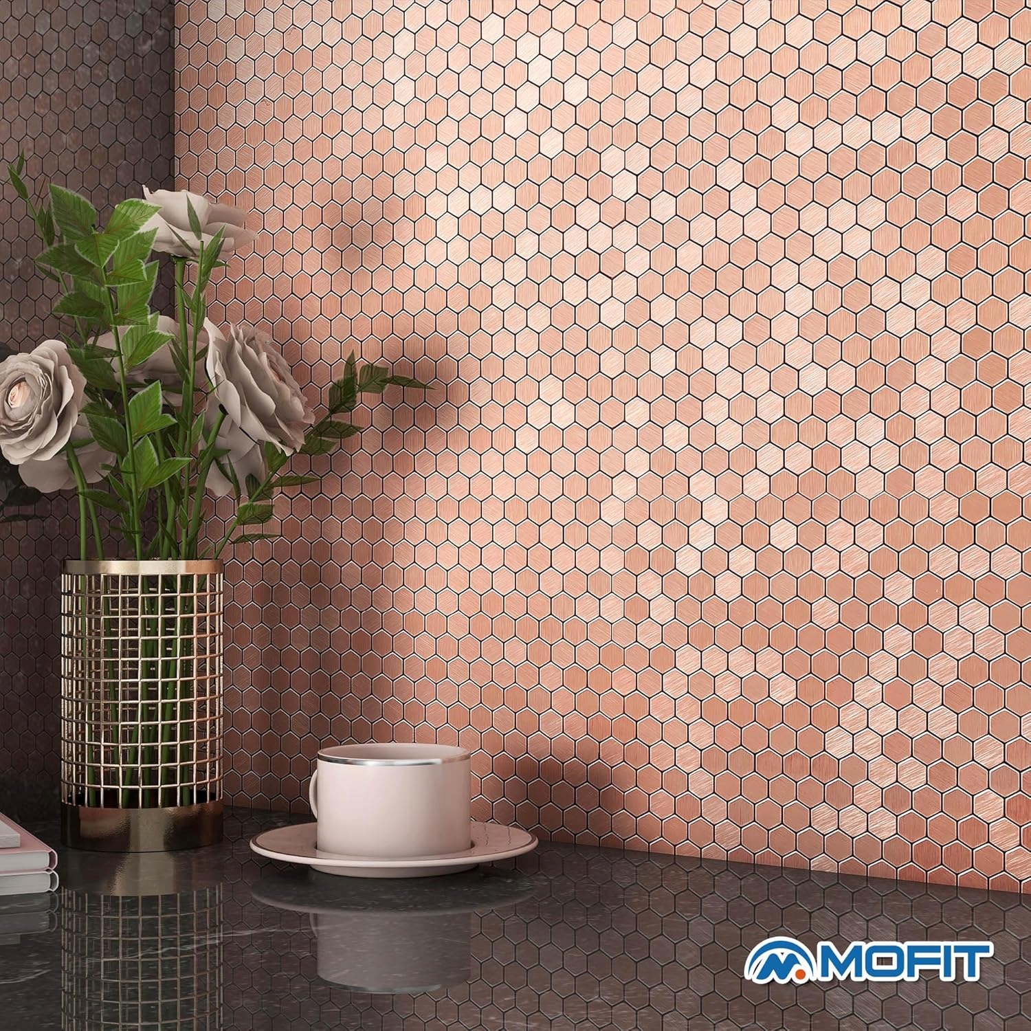 Mofit 10x Elegantní samolepicí mozaikové dlaždice Růžové Zlato glamour Hexa