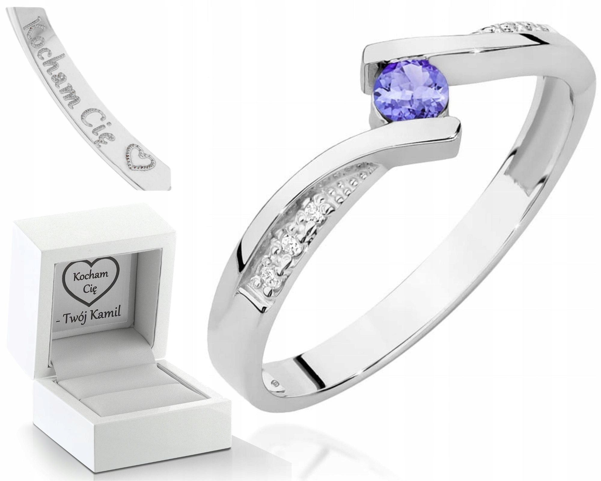 Prstýnek Prsten Z Bílého Zlata S Tanzanitem, Diamanty, Gravírování 585, Dárek