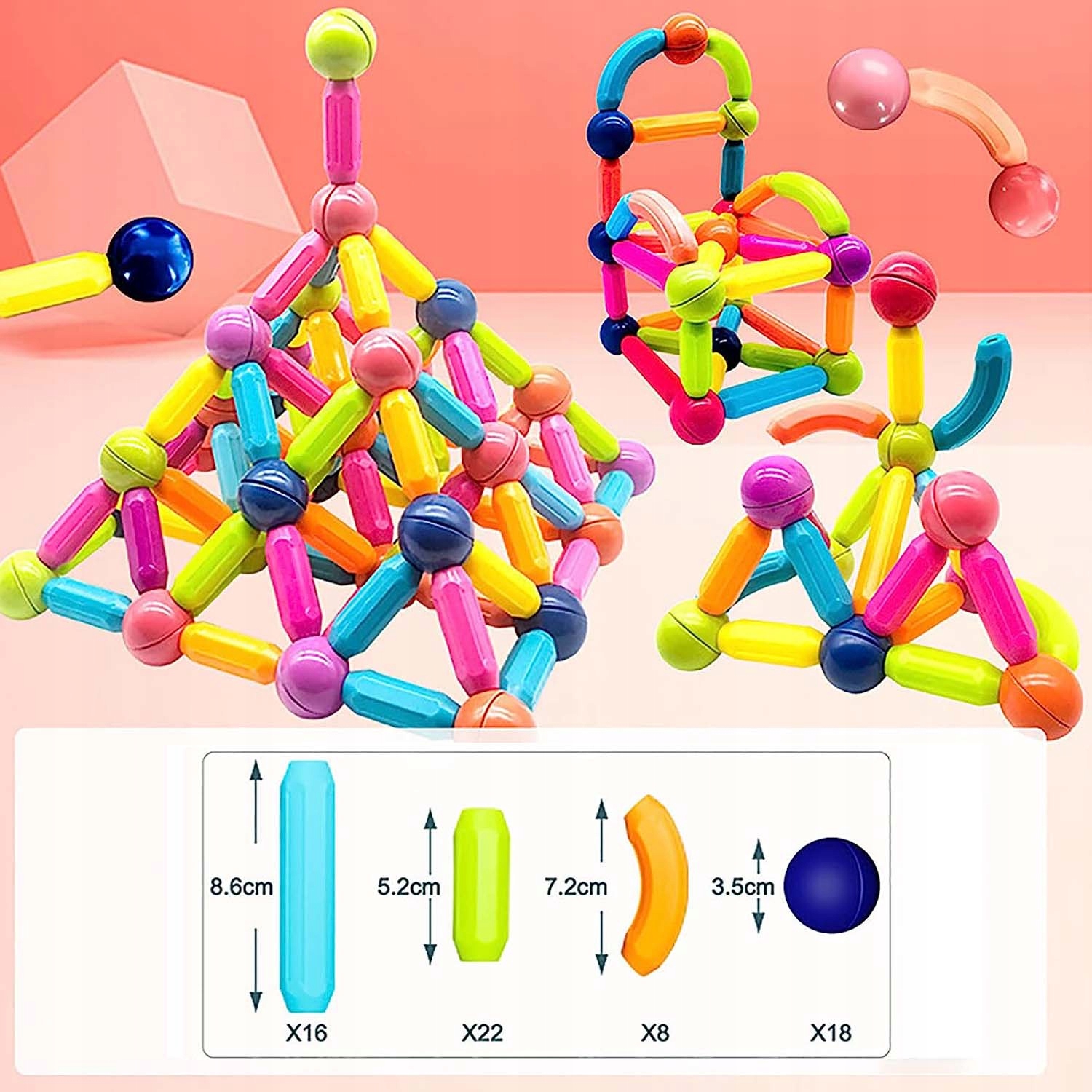 3D MAGNETYCZNE PRĘTEM KLOCKI KONSTRUKCYJNE EDUKACYJNE NAUKA ZESTAW 64ELE Wiek dziecka 4 lata +